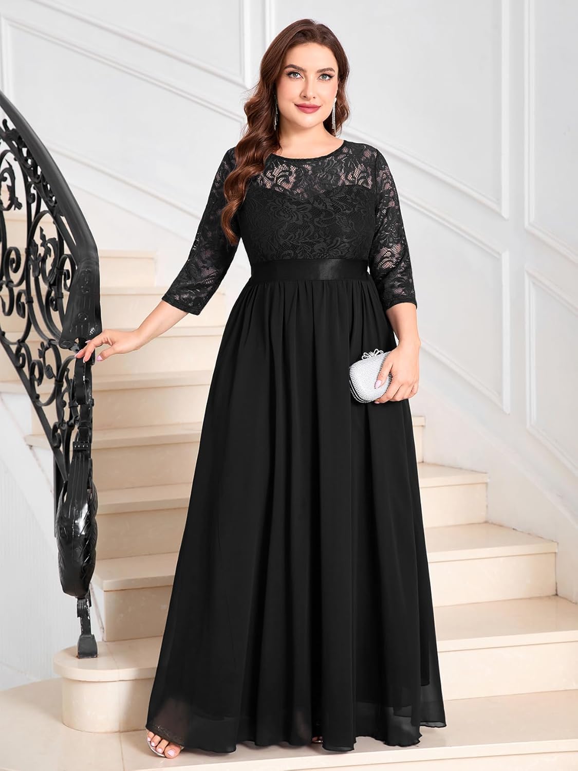 CYCLAMEN Plus Size Formal Lace Chiffon Dress Elegant 3/4 Sleeves Maxi Evening Gown Wedding Bridesmaid Party Dresses - Image 2