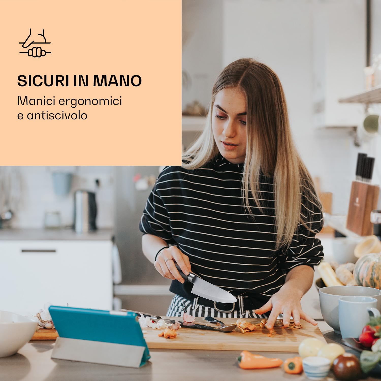 Klarstein Coltello da cucina, set di 7 coltelli da cucina professionale con blocco, set di coltelli e utensili da cucina in acciaio inox, kit di supporto blocchi coltelli professionali, resistenti ai