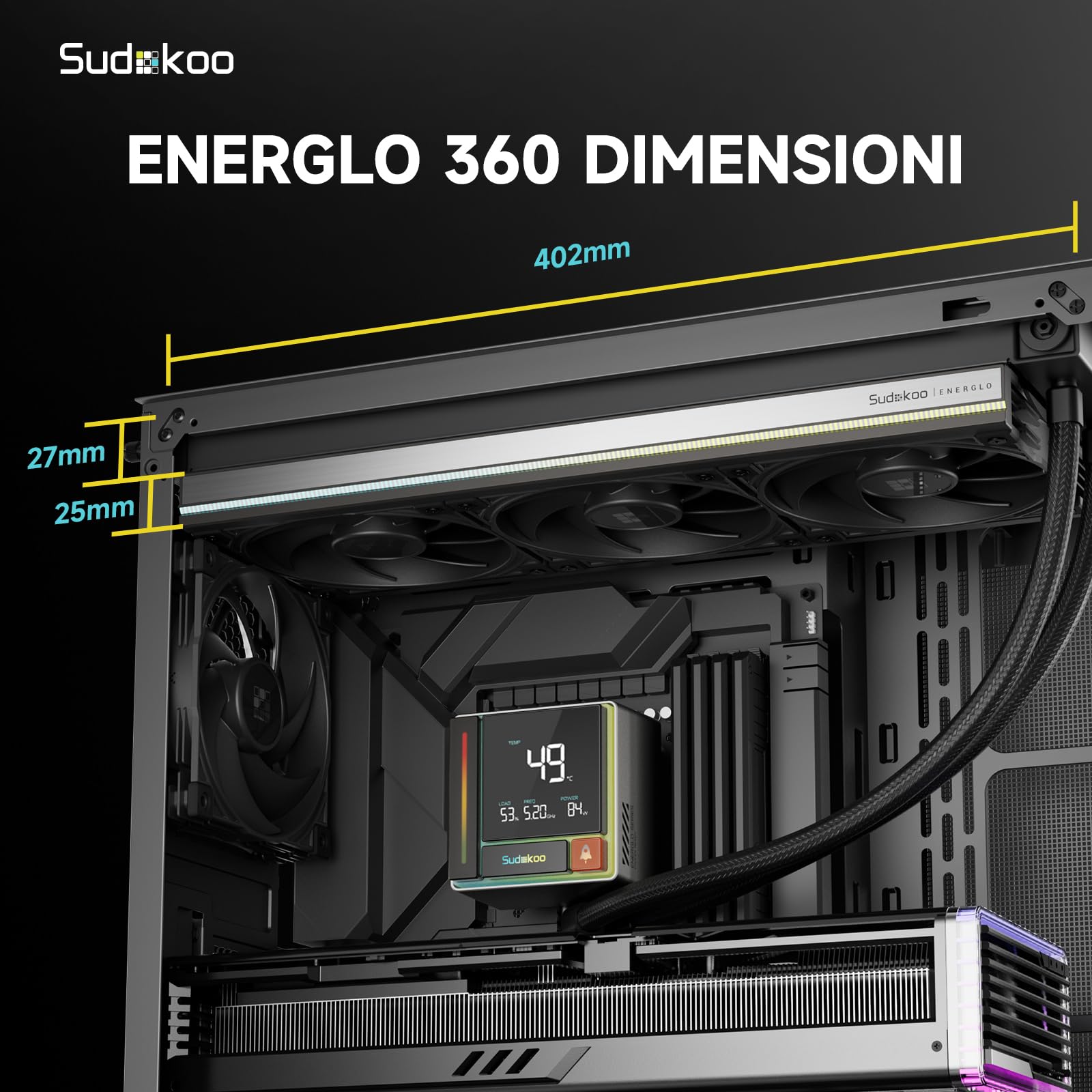 Sudokoo ENERGLO 360 Dissipatore Liquido 360mm: AIO 360mm con Schermo LCD a Segmenti - Raffreddamento Liquido PC con Tre Ventole PWM FDB & Pompa 2500-3400 PWM, Intel LGA1851/1700/1200/115X AMD AM5/AM4