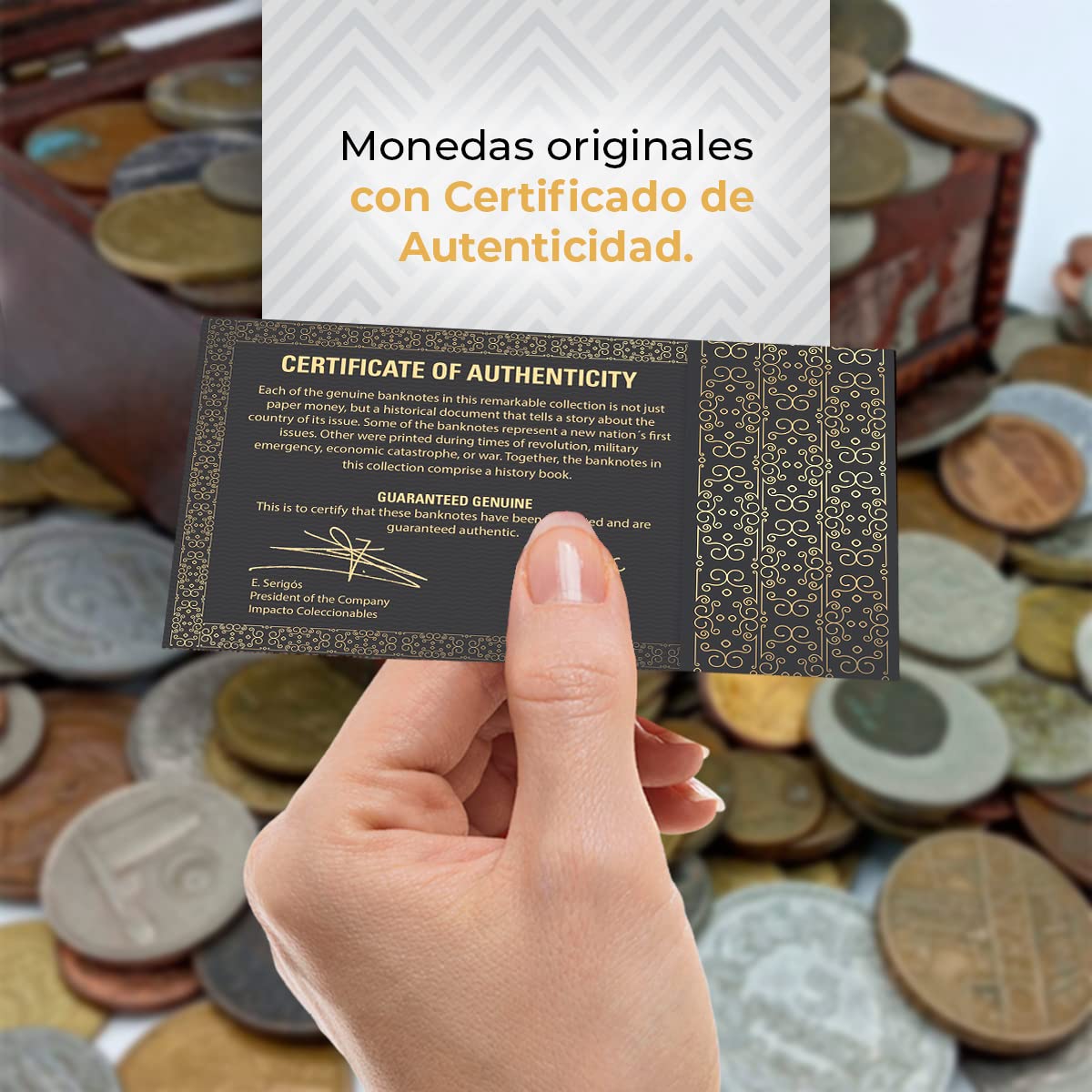 IMPACTO COLECCIONABLES | 1 kg de Monedas del Mundo Auténticas en Cofre de Madera – Gran Variedad de Monedas Antiguas para Ampliar tu Colección – Incluye Certificado de Autenticidad