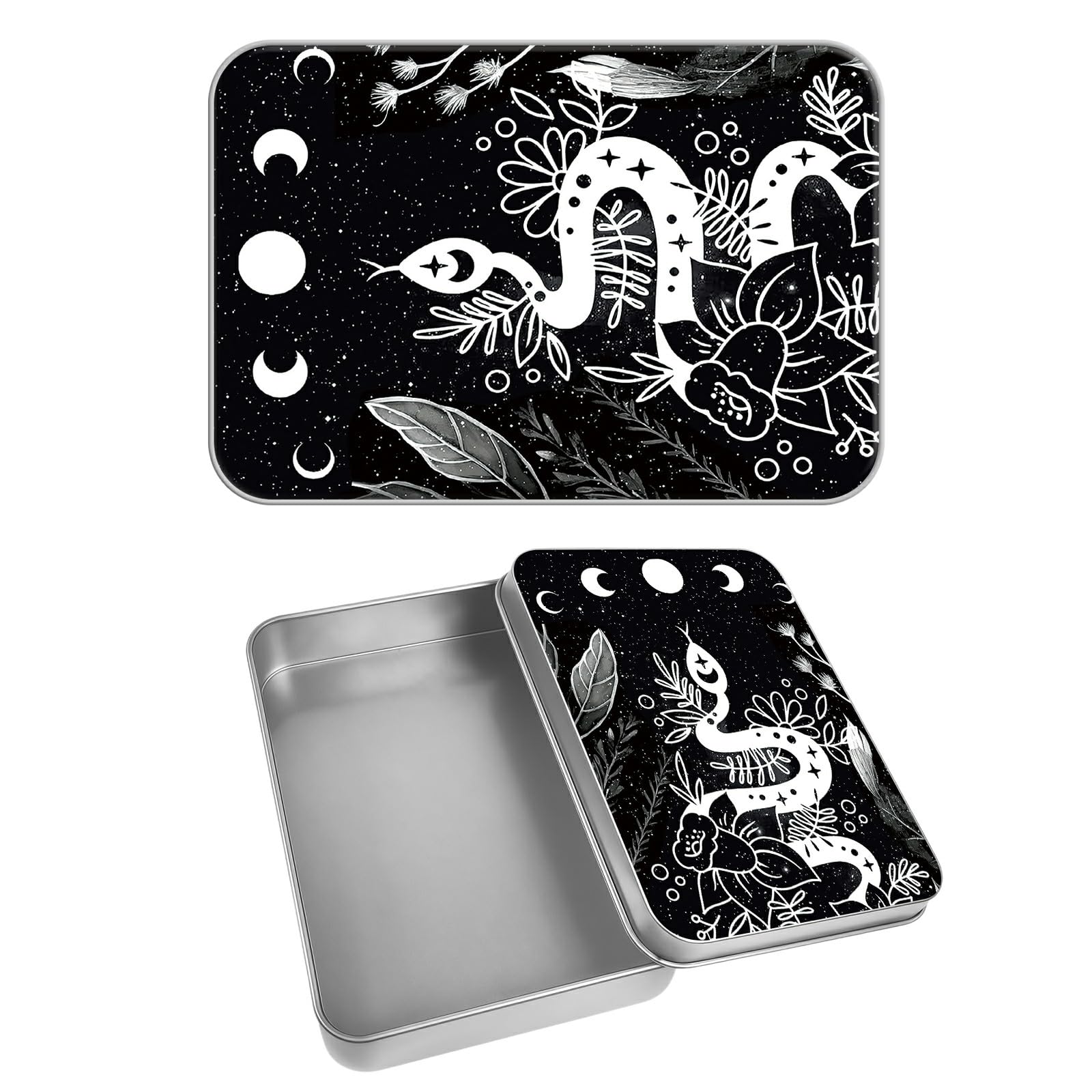 Rectangular Metal Tin Box with Removable Lid, Witchy Snake Trippy Moon Decorative Printed Metal Storage Container for Cards, Diaries, Home Organization 4.53 x 3.35 x 0.86 inch– Single Pack