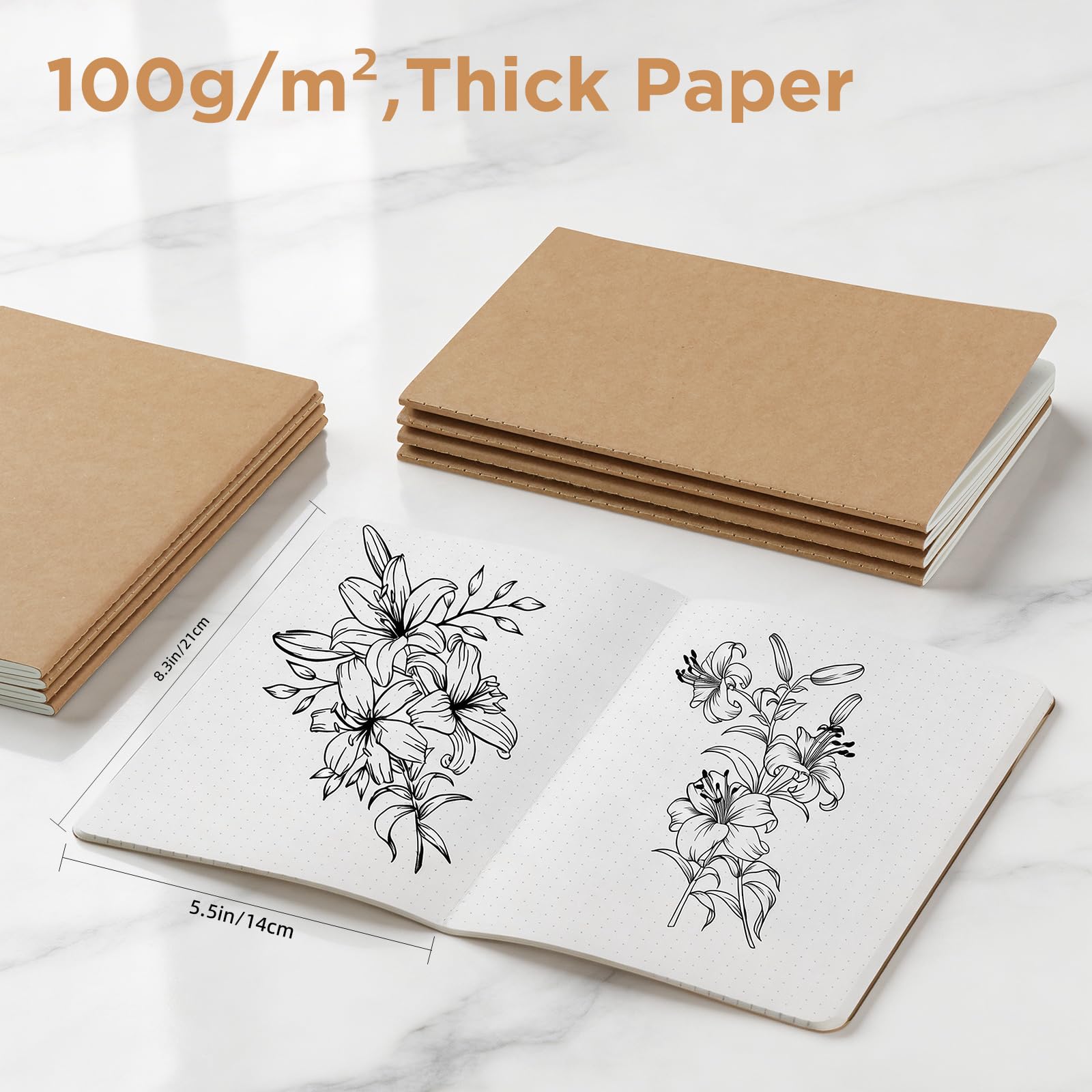 HOMEMARS Notatnik A5 w kropki, 100 GSM, gruby papier, 14 x 21 cm, 8 sztuk, 60 stron dziennika dla studentów, do pisania, podróży i biznesu, okładka z kartonu, pamiętnik notatek i zeszyt tematyczny