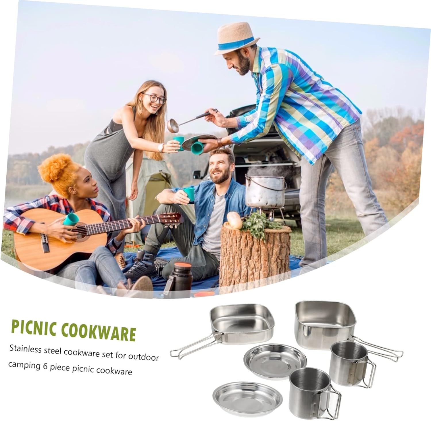Totority Complete Camping Cookware Set 6-Piece Picnic Utensils for Outdoor Cooking Easy Clean Stainless Steel