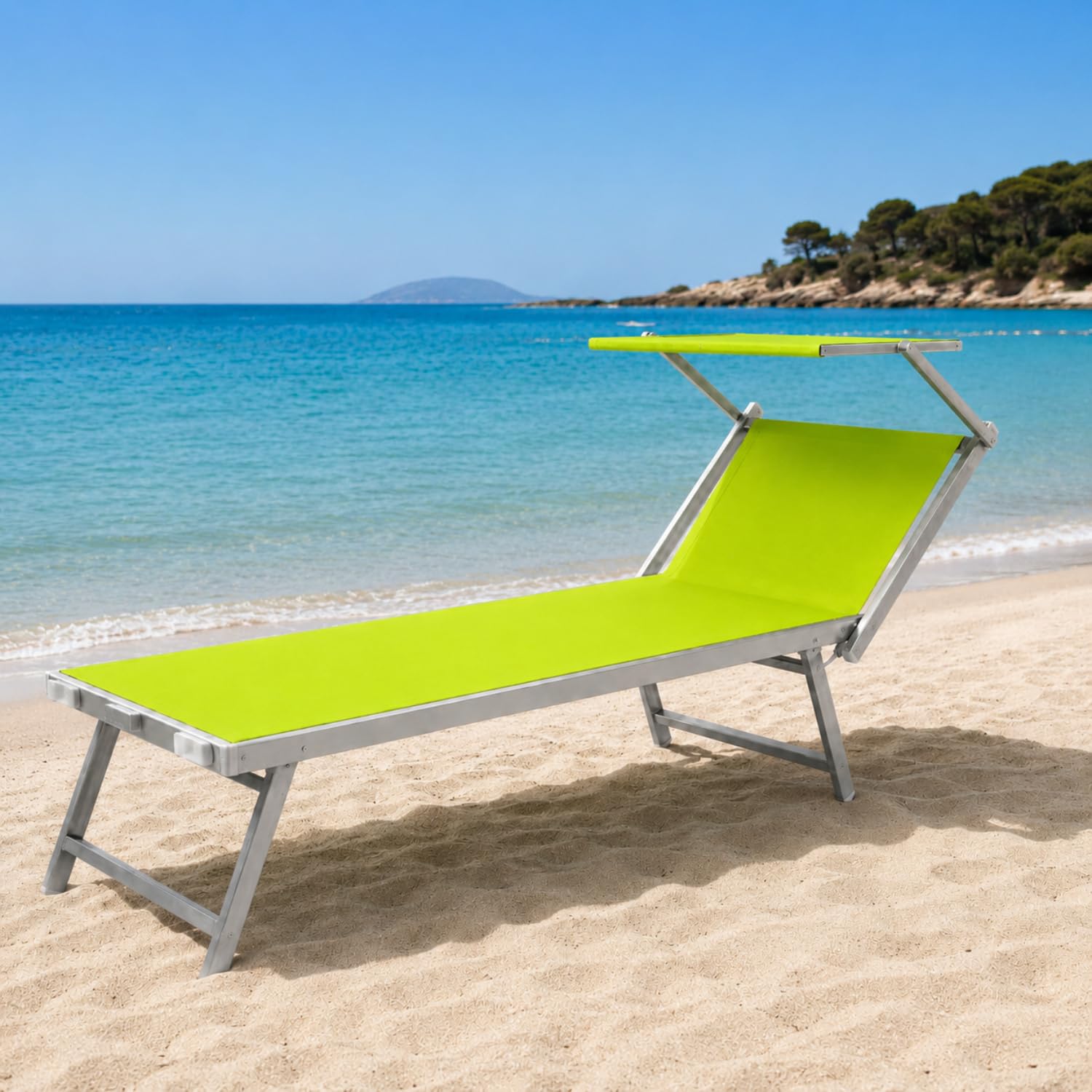 Lettino Prendisole Pieghevole Professionale In Alluminio E Tessuto Textilene Tettuccio Orientabile Tettino Parasole Sdraio Prendi Sole Mare Spiaggia Piscina Giardino Verde Fluo 182 x 60 x 38 cm