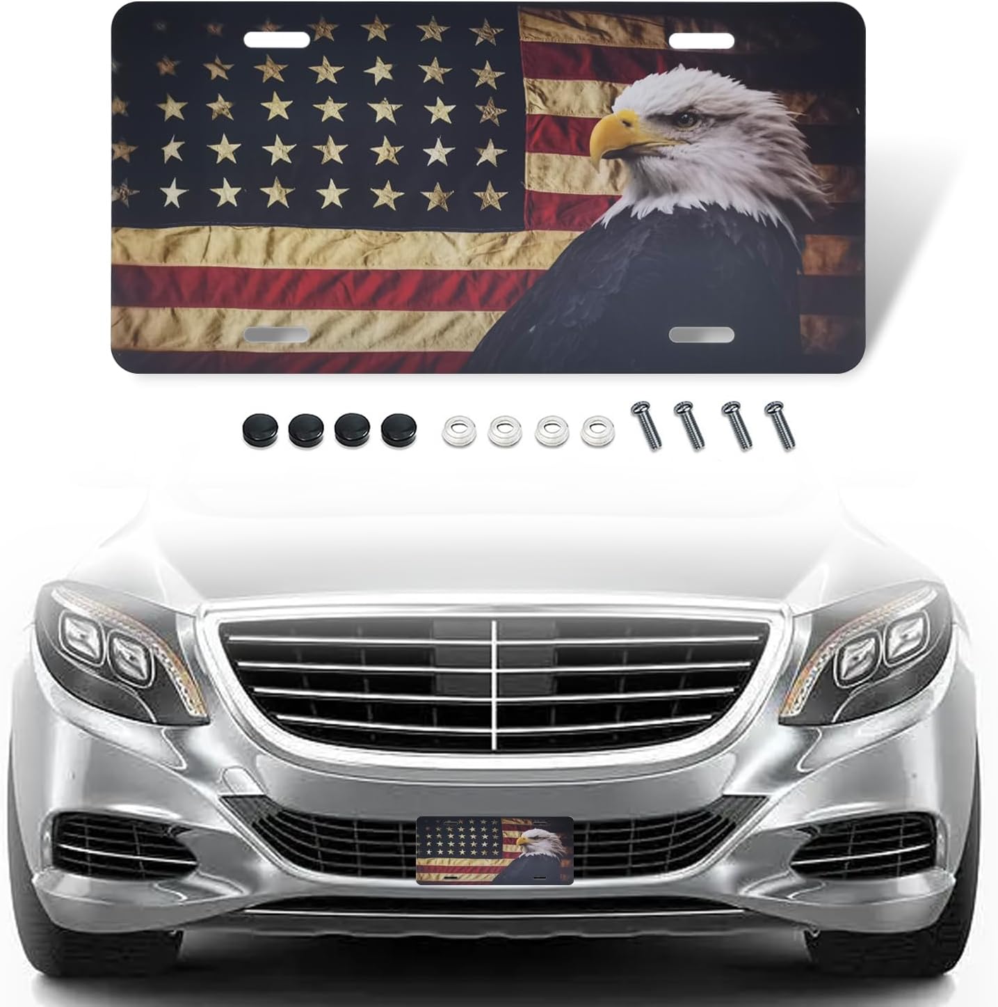 Pack-1 American Flag License Plate, Personalise License Plate with 4 Holes, Rust-Proof Metal Car Plates, Car Universal Novelty Patriotic Vehicle Tag (Black #American Flag Eagle)