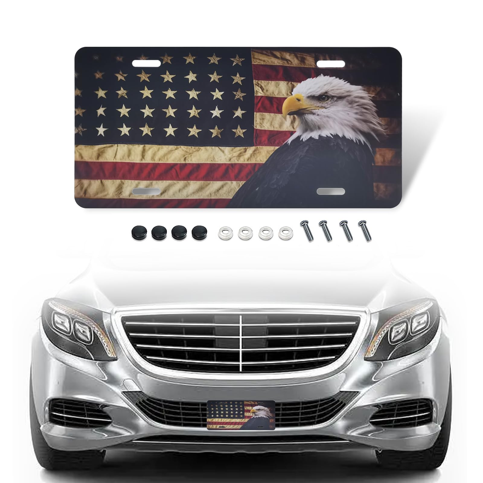Pack-1 American Flag License Plate, Personalise License Plate with 4 Holes, Rust-Proof Metal Car Plates, Car Universal Novelty Patriotic Vehicle Tag (Black #American Flag Eagle)