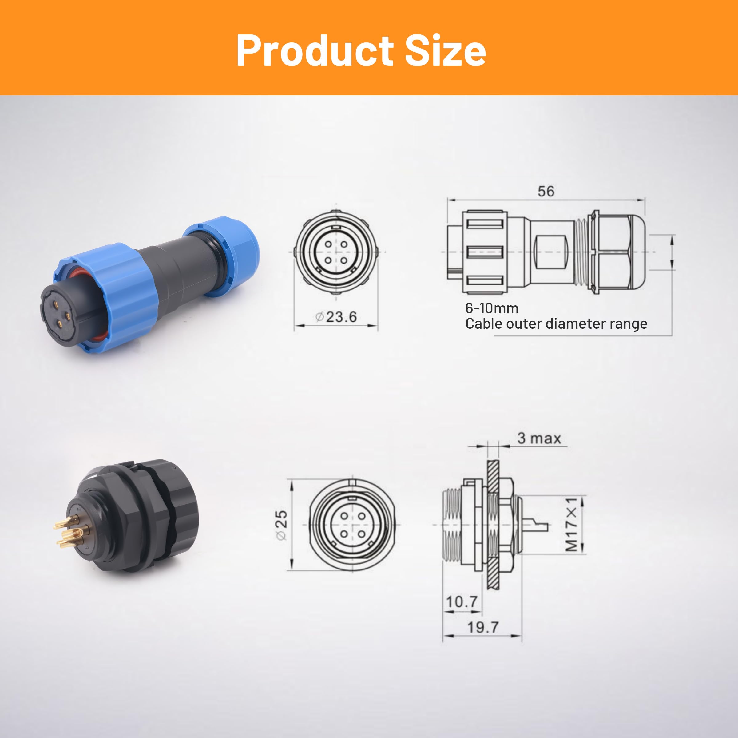 Connettore Impermeabile SP21 Presa Spina A Gomito 3 Pin 25A IP67 Per Cavo Elettrico, Nuovo