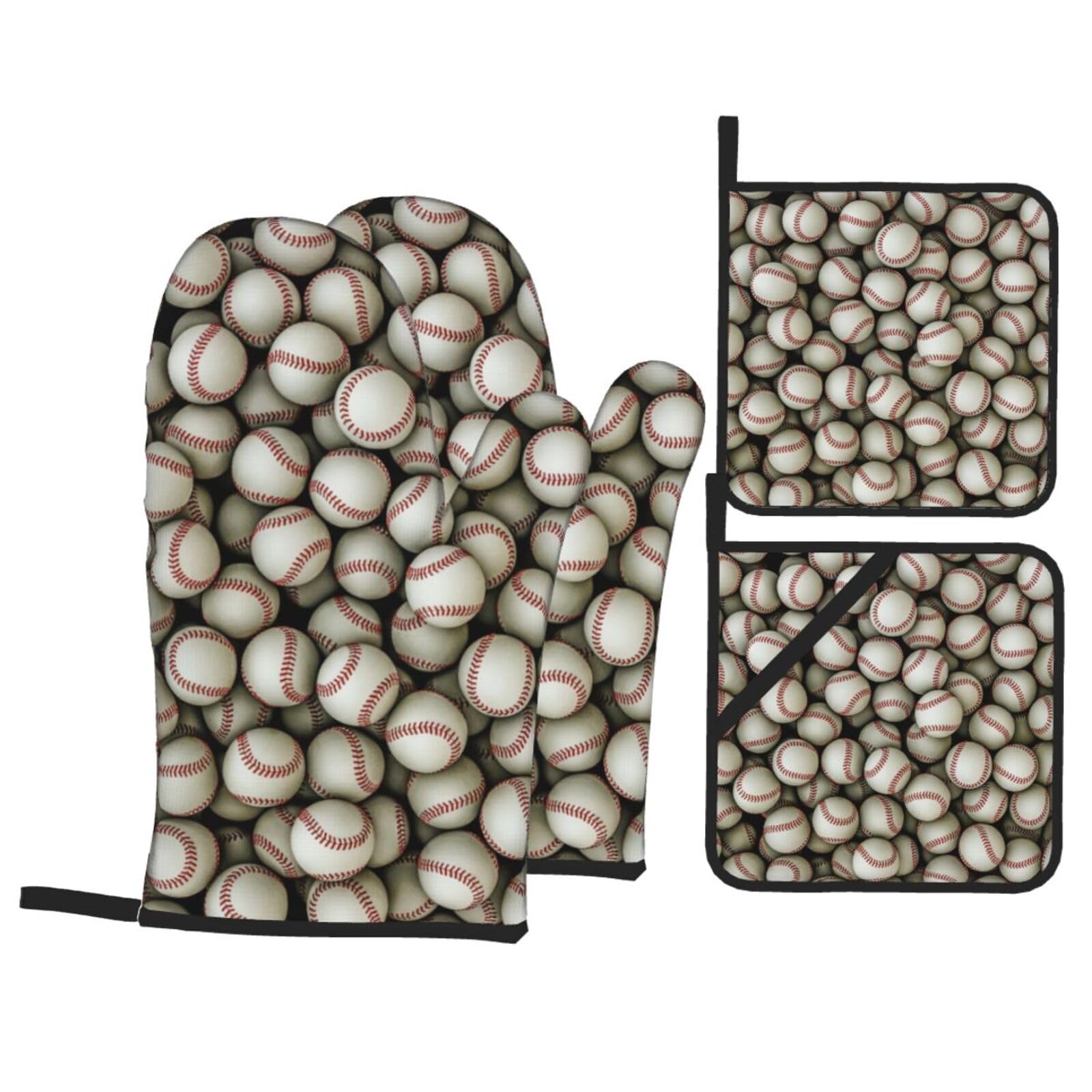 Baseball Print 4-Piece Oven Microwaving Set Kitchen Gloves for Holiday Cooking Baking Grilling