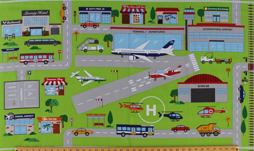 23.5" X 42" Cotton Panel "Connector Playmats" At the Airport Airplanes Airplane Kids Roadmaps Cotton Fabric Panel (21142-72)