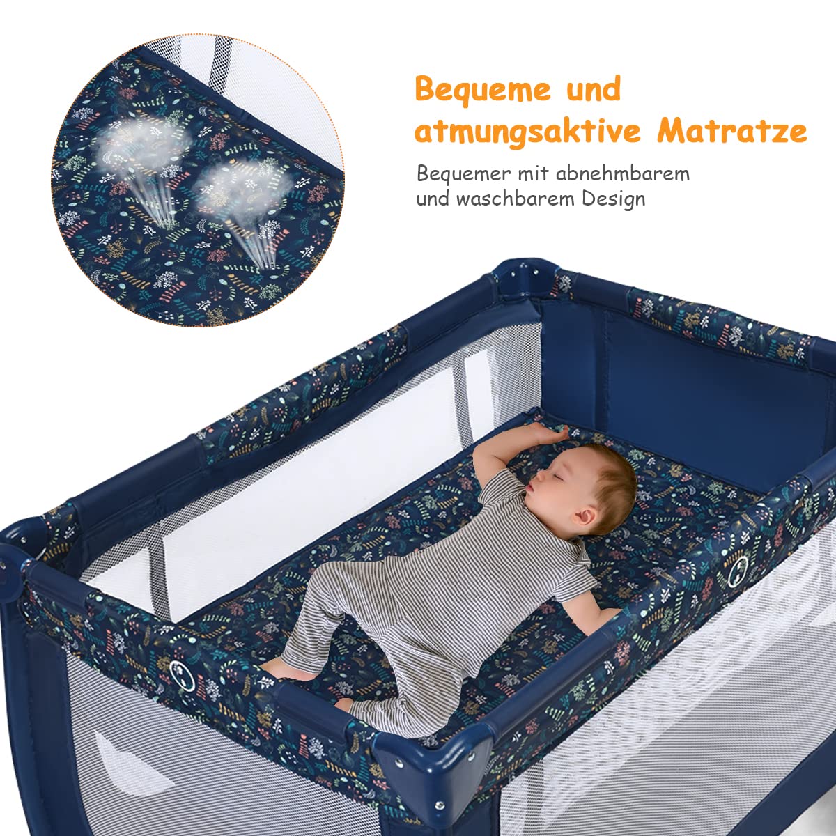 COSTWAY 2 in 1 Reisebett & Laufstall klappbar, 120 x 60cm Kinderbett, 2 Ebenen Babybett mit Matratze und Tragetasche (Blau)