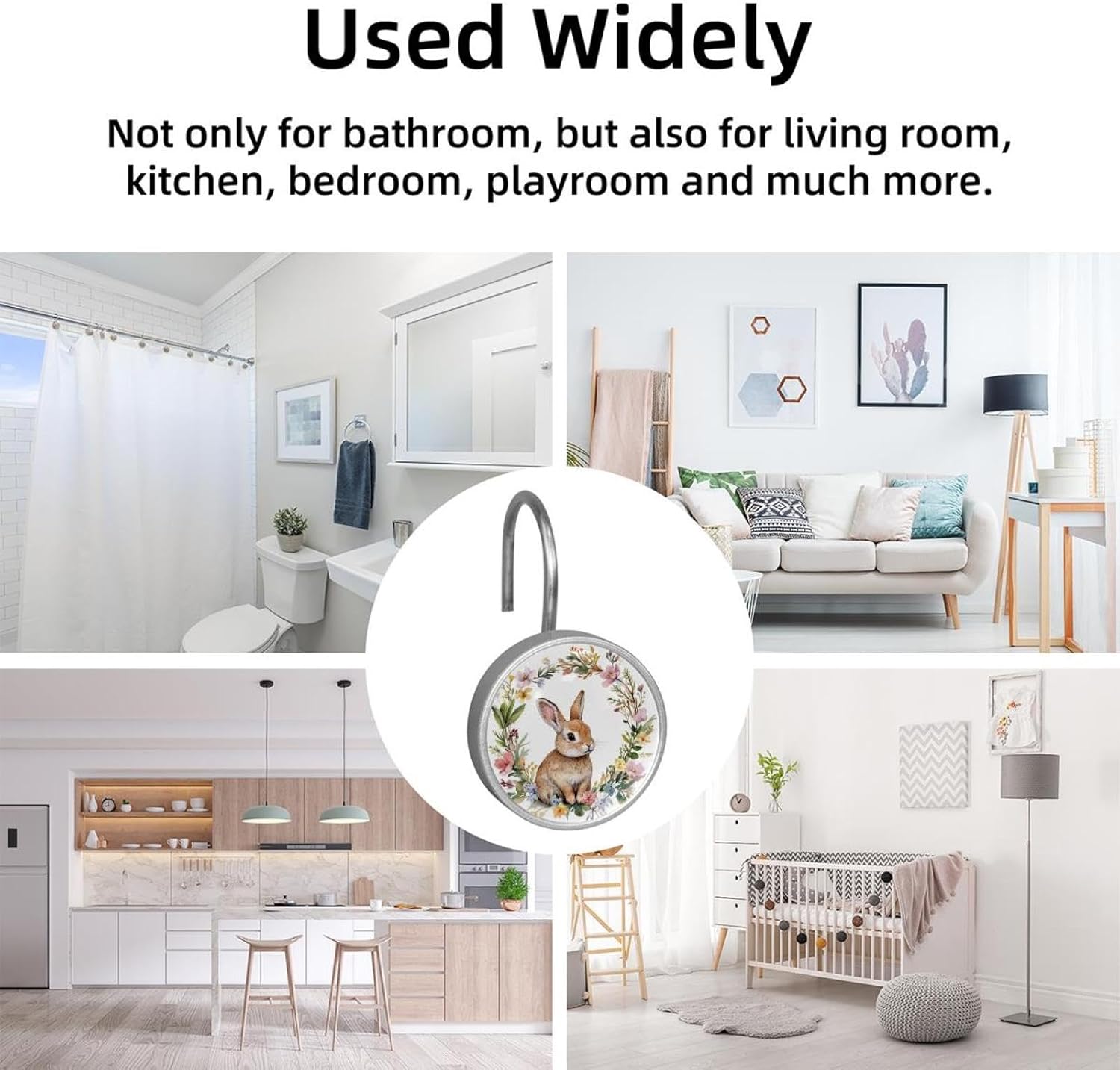 12PCS Brown Rabbit in Floral Wreath (2) Shower Curtain Hooks Metal Rust Resistant Decorative Shower Curtain Hooks Bathroom Decorations