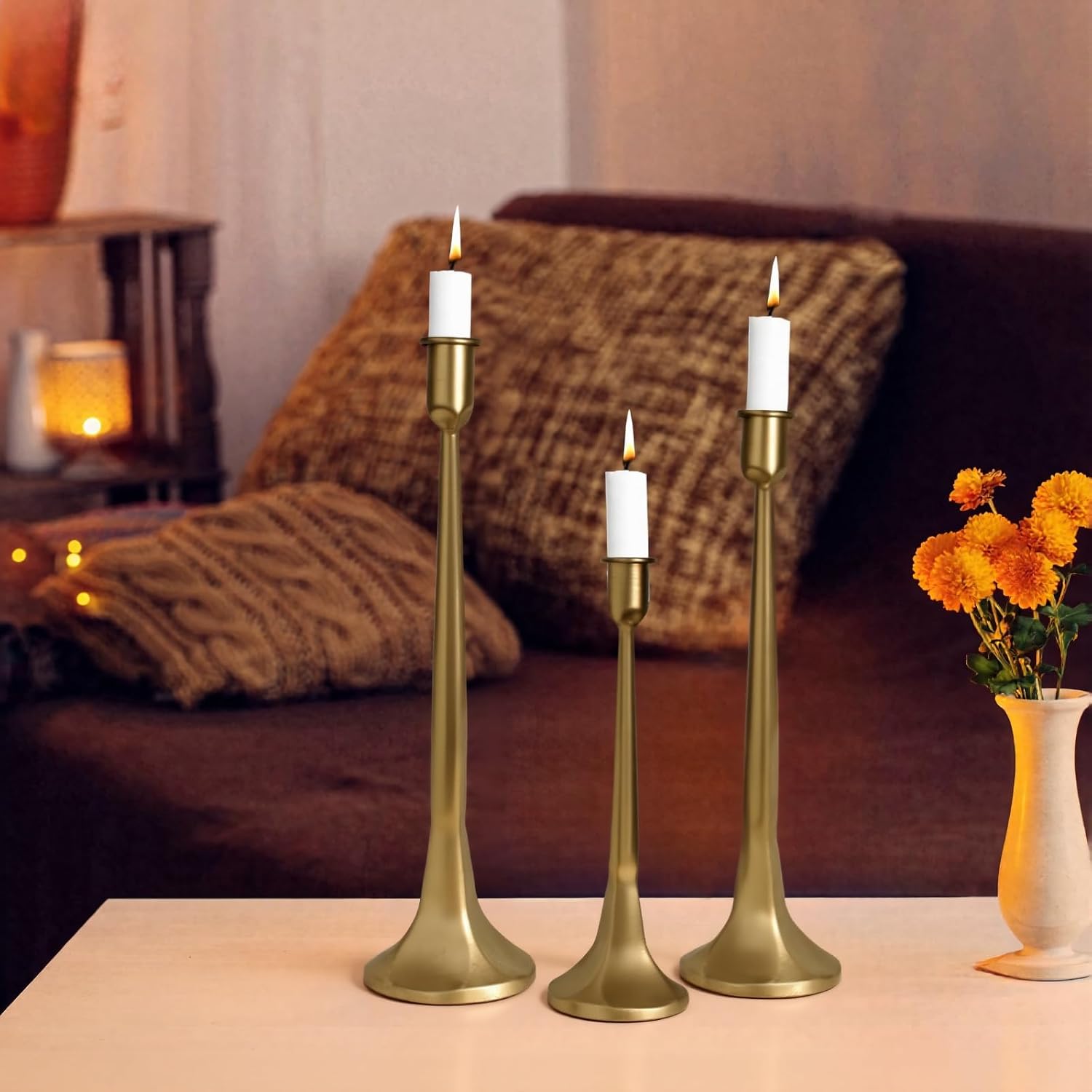 Set of 3 Taper Candle Holders, Cast Iron Candlestick Holders Tall for Wedding, Dining Table, Halloween & Fall Decor, Home Decoration (Gold, 12" 14" 15.5")