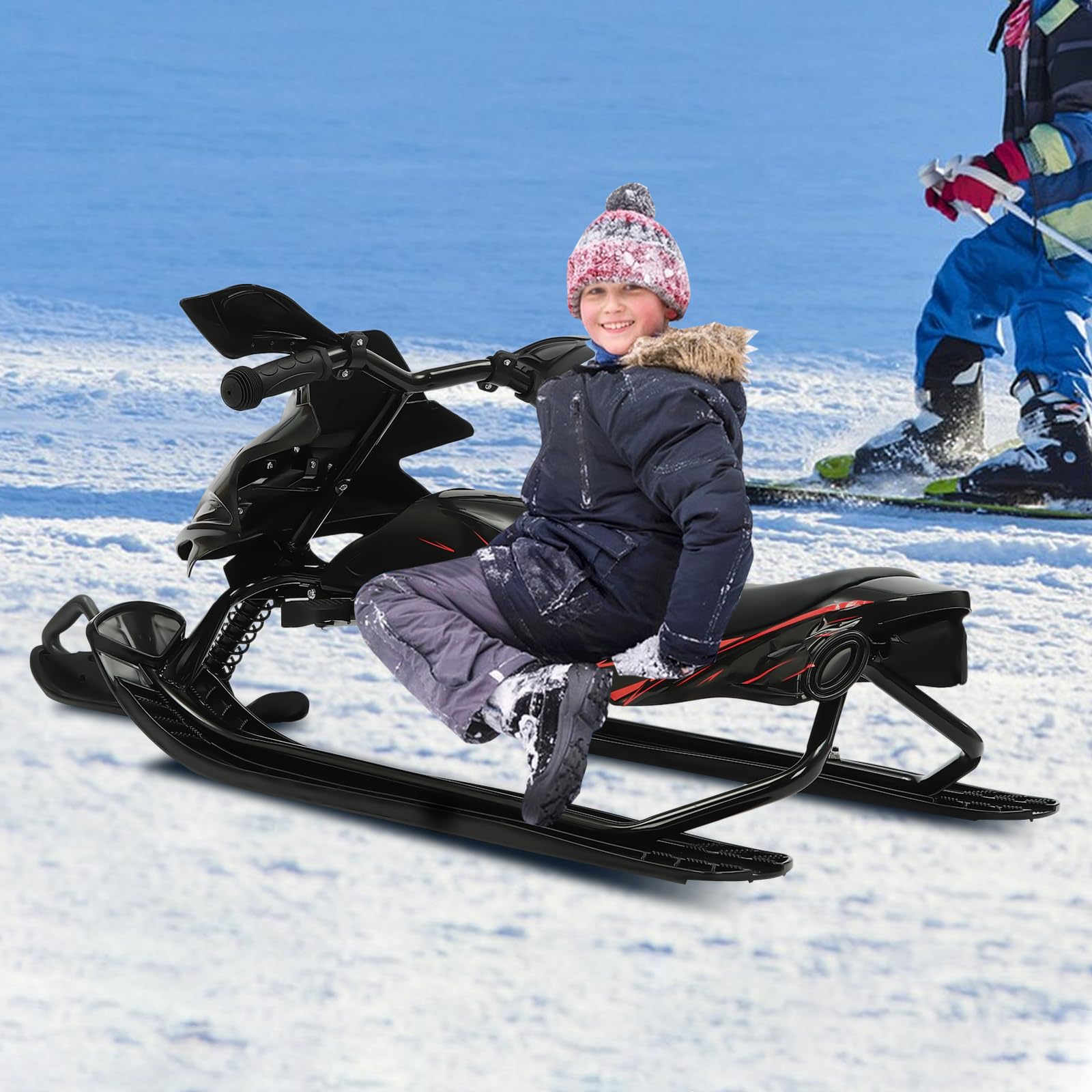 Trineo de nieve completo con frenos de emergencia, asiento ajustable 80 kg, cuerda de tracción con suspensión