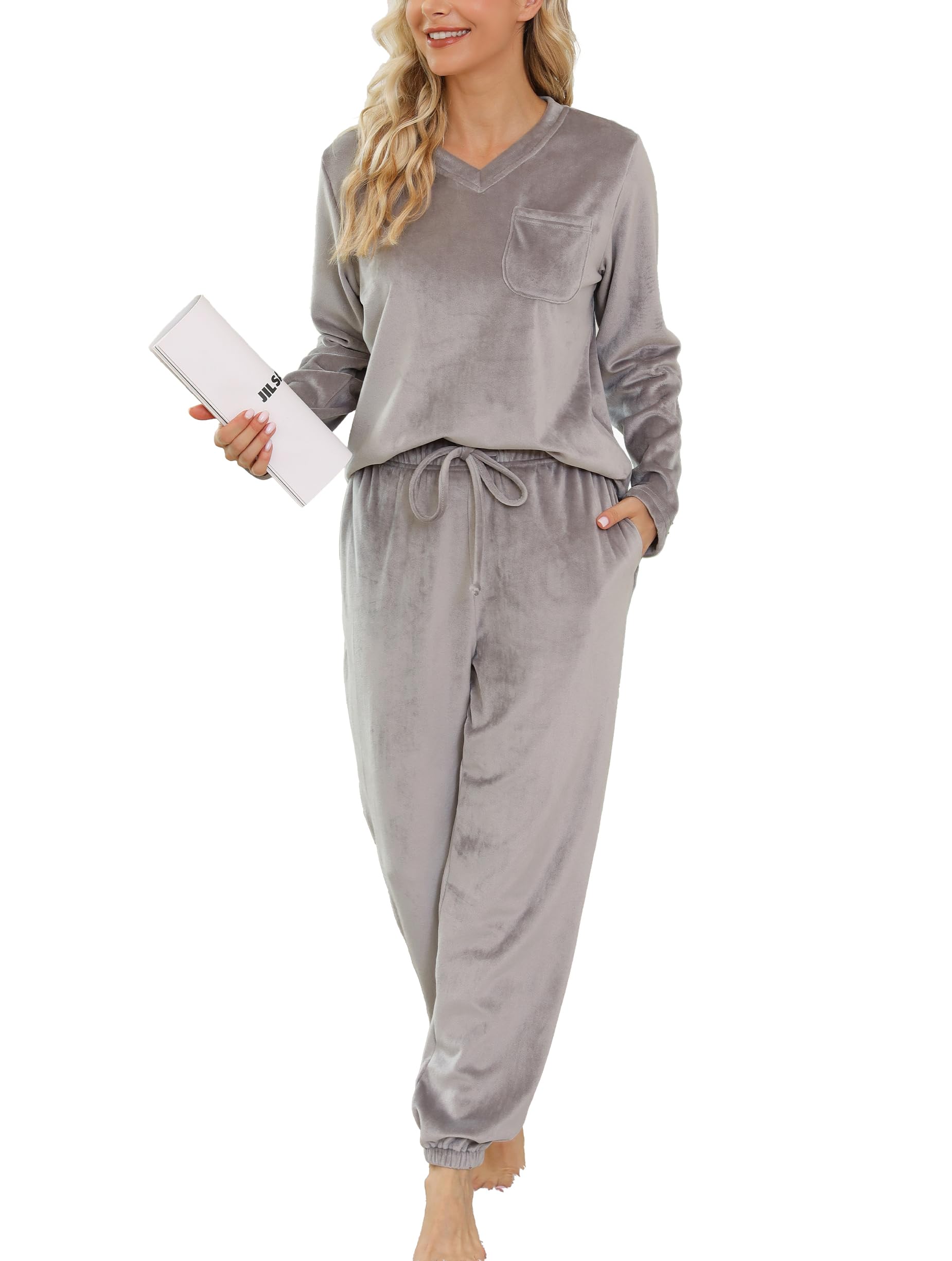 Vlazom Women Pyjamas,Soft Warm Fleece Pjs Sets Fluffy Loungewear Set Long Sleeve Tops and ...