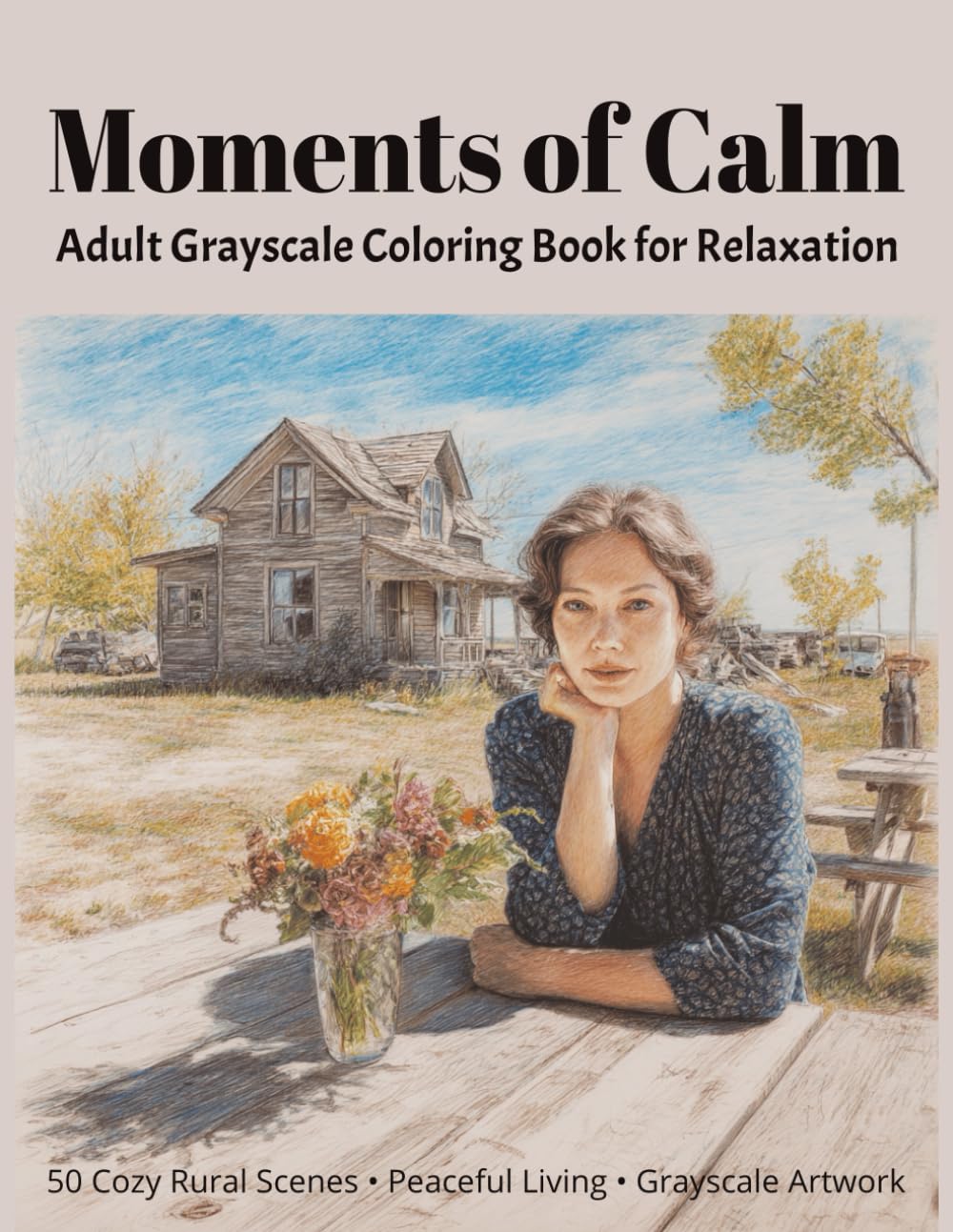 Moments of Calm Adult Grayscale Coloring Book For Relaxation: 50 Cozy Rural Scenes • Peaceful Living • Grayscale Artwork • Mindfulness