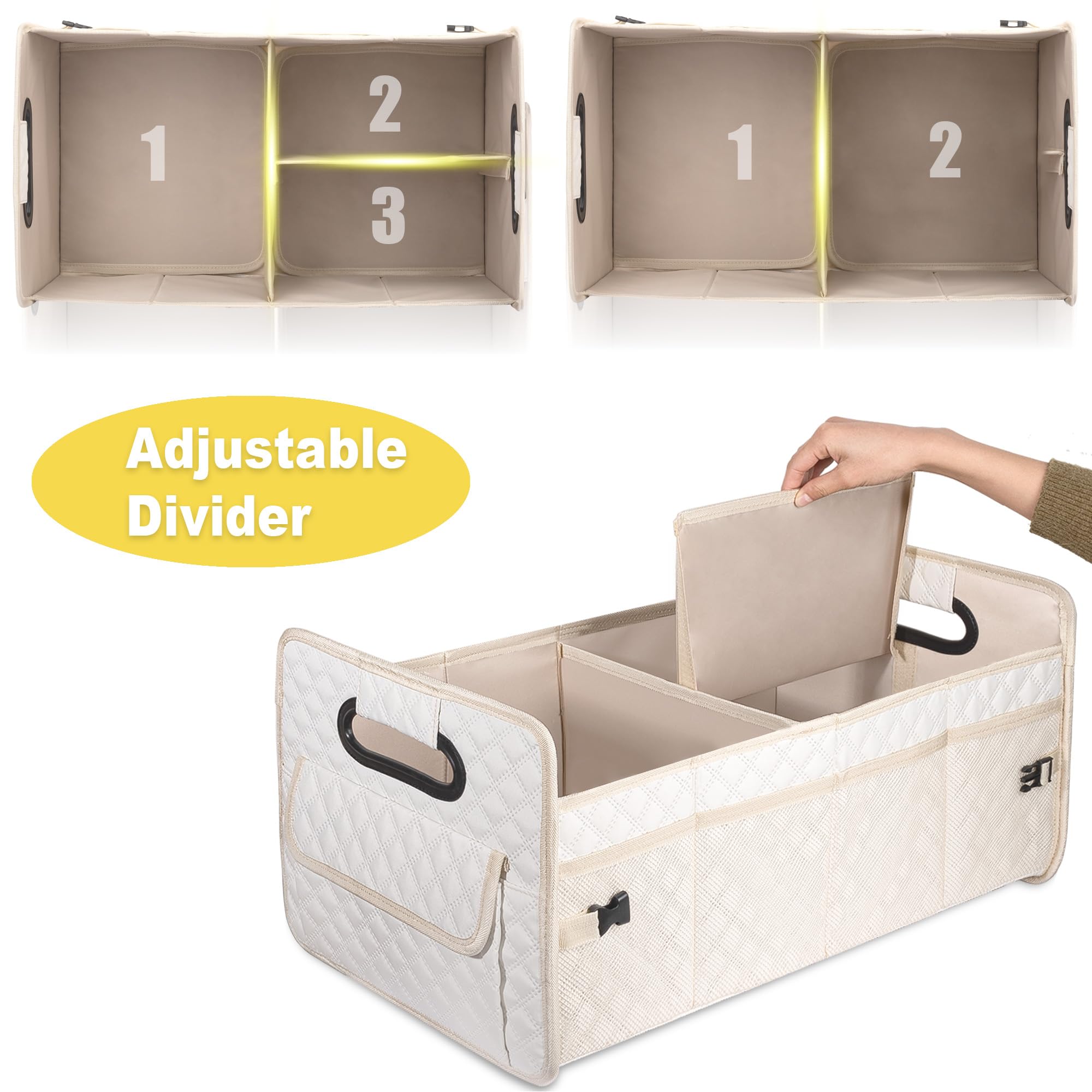 JiatuA Car Trunk Organizer for SUV, Car Storage Organizer Collapsible Multi Compartment Container Box Adjustable Car Accessories for Women Men, Beige
