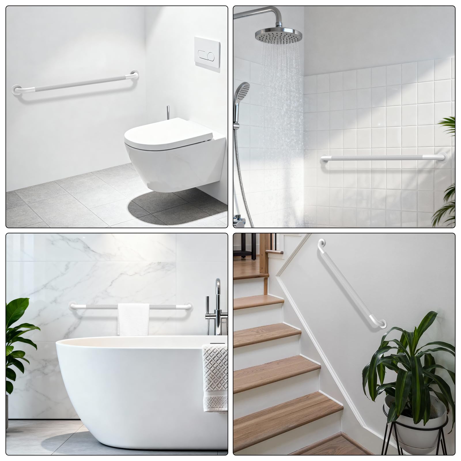 Barra de agarre blanca para ducha de 91,4 cm - 3,18 cm de diámetro, barra de agarre de baño iHansee con agarre estriado antideslizante, barras de seguridad de baño de acero inoxidable para personas