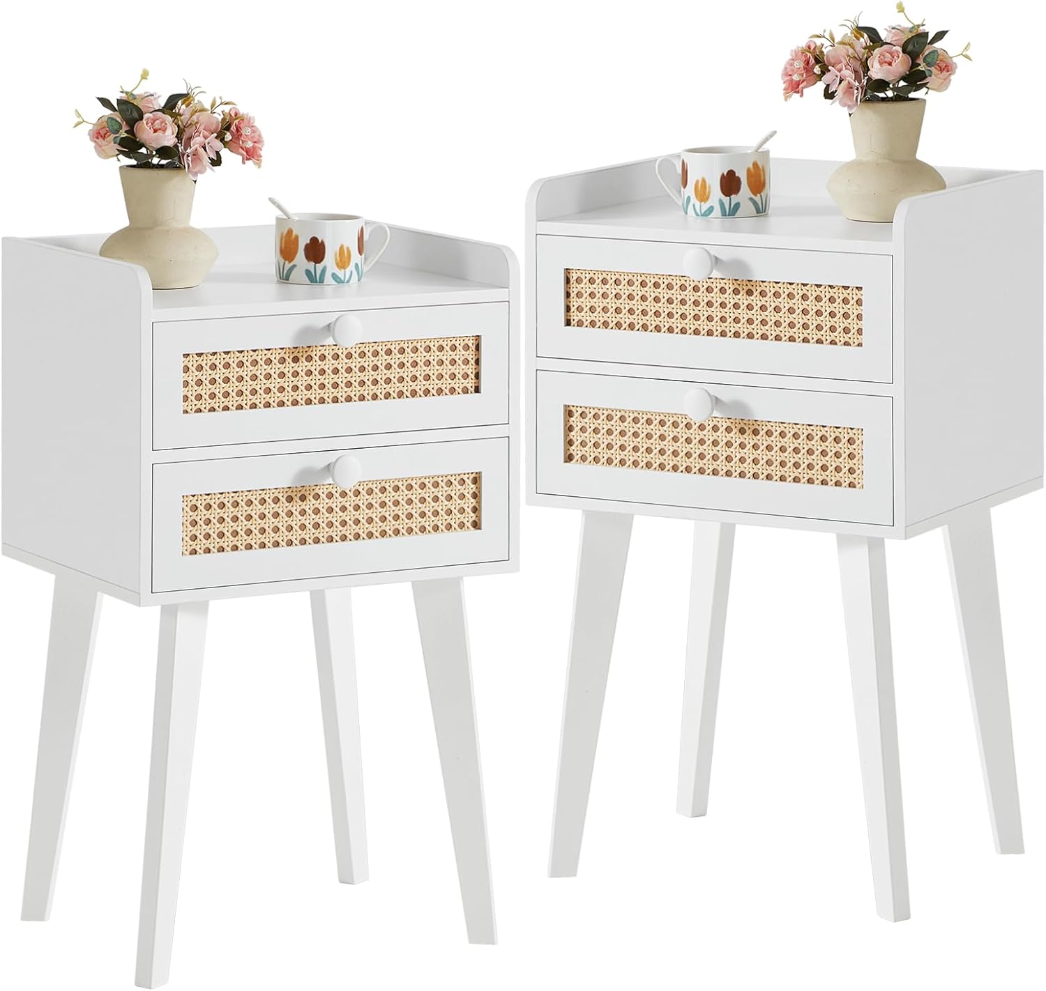 Lerliuo Rattan White Night Stand Set of 2 with 2 Drawers, Cane Accent Nightstand Bed Side End Table with Solid Wood Legs, Boho Nightstands Bedside Tables for Bedroom Living Room Dorm and Small Spaces