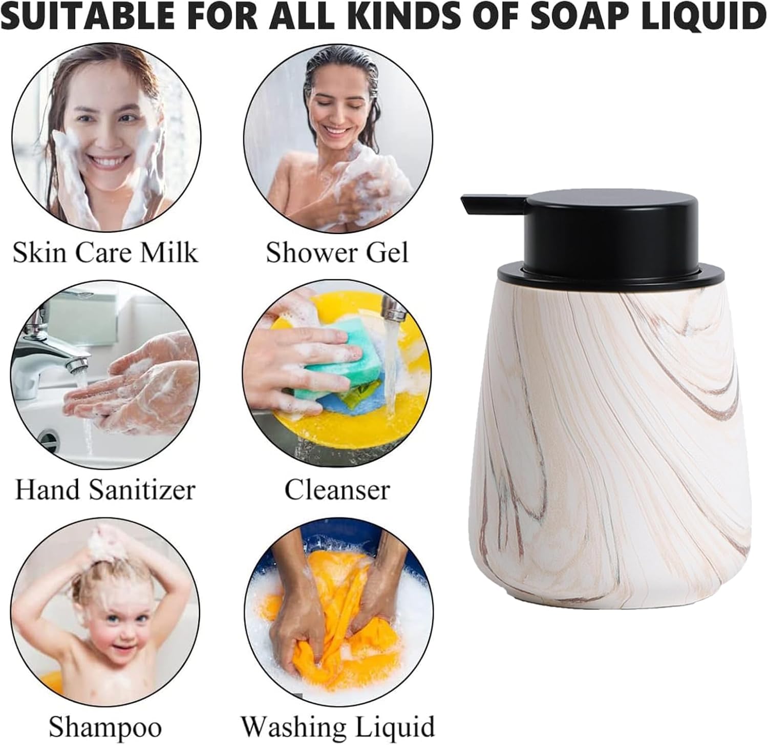 12Oz Foam Hand Soap Dispenser - Modern Ceramic Foaming Soap Dispenser with Easy-to-Press Pump, Reusable and Refillable Liquid Dish Soap Dispensers for Bathroom & Kitchen, Marble Brown - Image 7