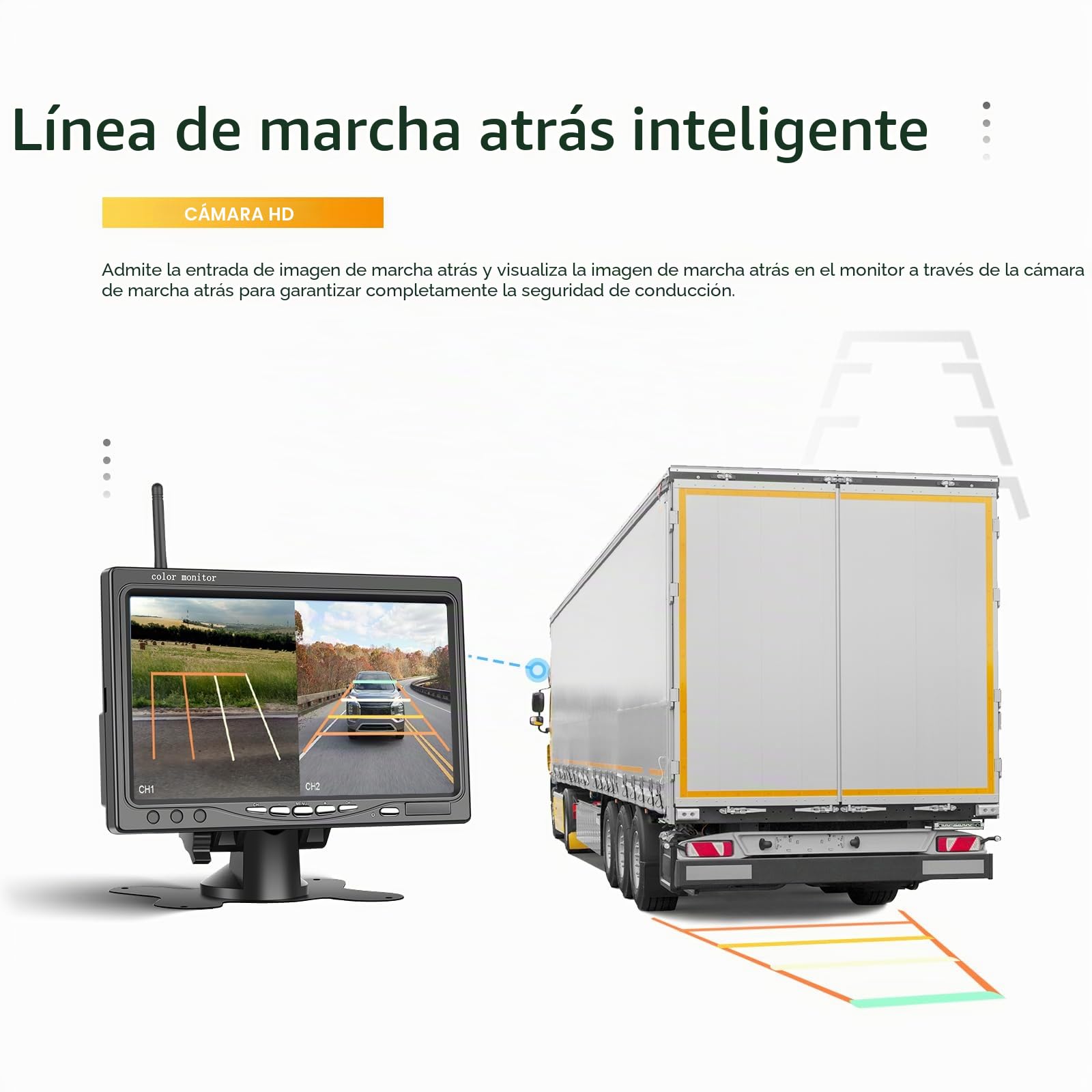 Kit Cámara Marcha Atrás Inalámbrica 2 Cámaras, Pantalla 7 Pulgadas, Visión Nocturna, IP67 Impermeable, DC 12‑36V para Camión, Autobús, Caravana, Remolque, Vehículo Recreativo