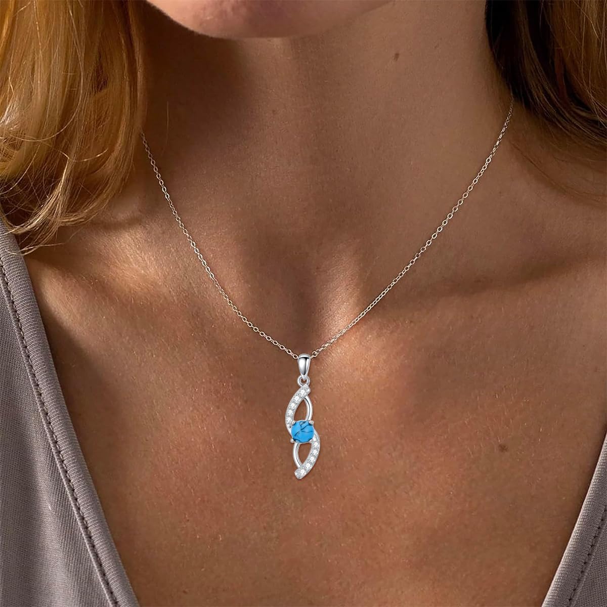 PEIMKO 925 Sterling Silver Turquoise Infinity Symbol Pendant Necklace Gifts for Women Mother - Image 2