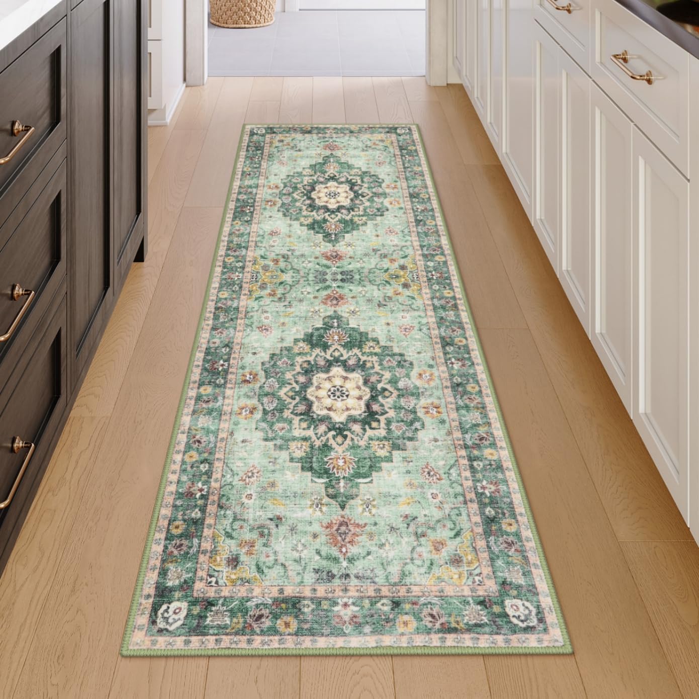 Green Floral 2' x 6' Washable Non-Slip Runner Rug