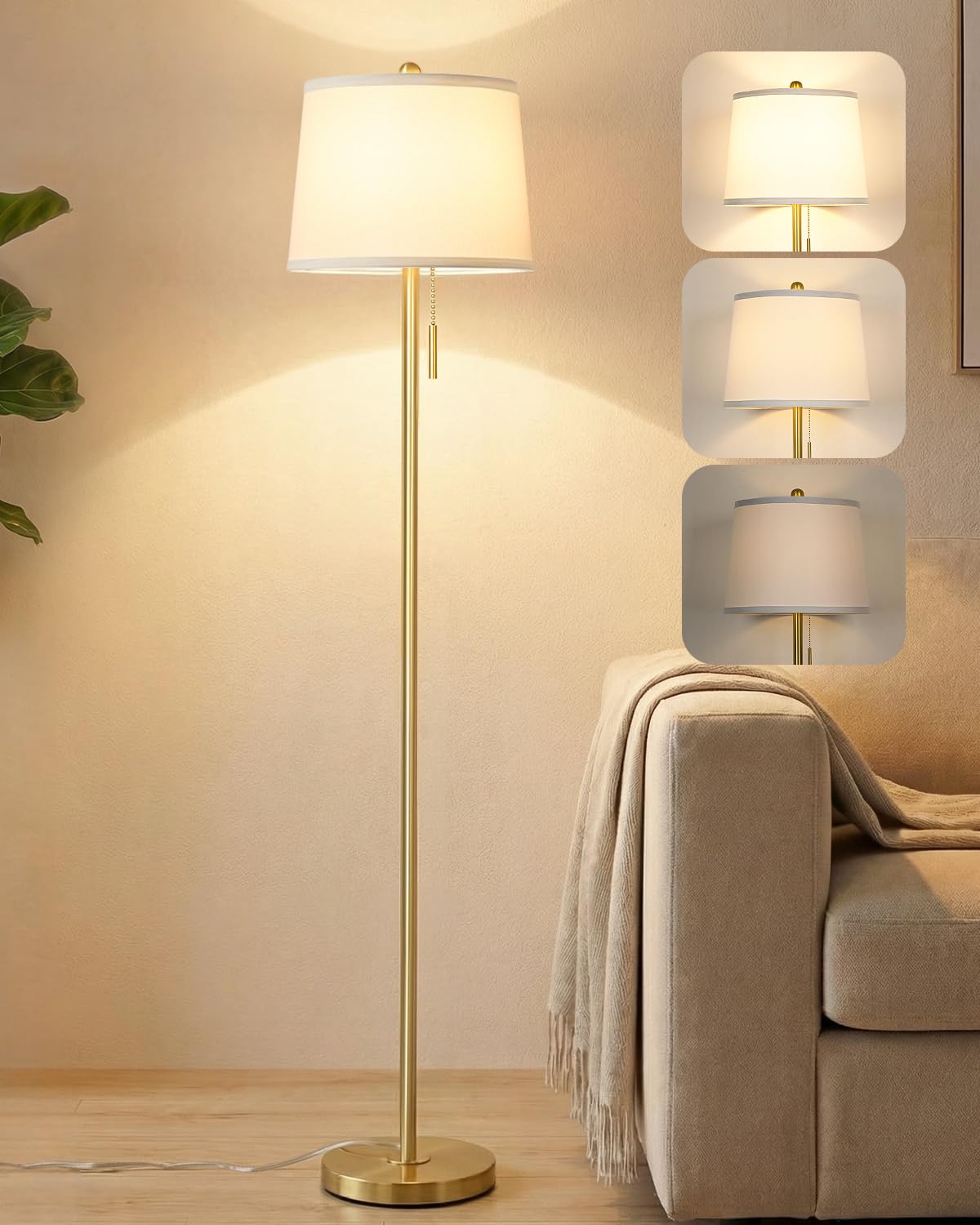 JUNNAI Floor Lamps for Living Room, 63" Tall Standing Lamp with Lampshade, 3 Color Temperatures,E27 Socket, Modern Floor Lamp for Bedroom, Living Room, Office,Gold(9W Bulb Included)