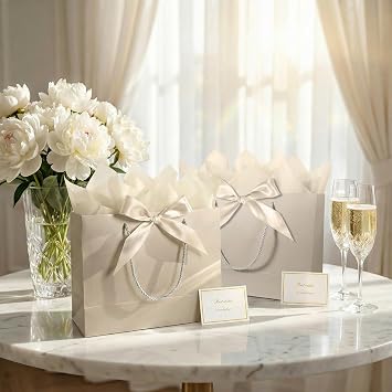 Bliceon 2 Pcs Medium Gift Bags for Presents, Small Gift Bags with Wrapping Paper, Birthday Gifts Bag for Women Men, Celebrations, Birthday Party, Bride Wedding, Valentine's Day (Champagne)