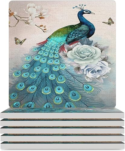 Miniatura 20 de Square-4 posavasos de cerámica de pavo real, posavasos cuadrados absorbentes para bebidas, estilo vintage de acuarela floral, hermosos posavasos