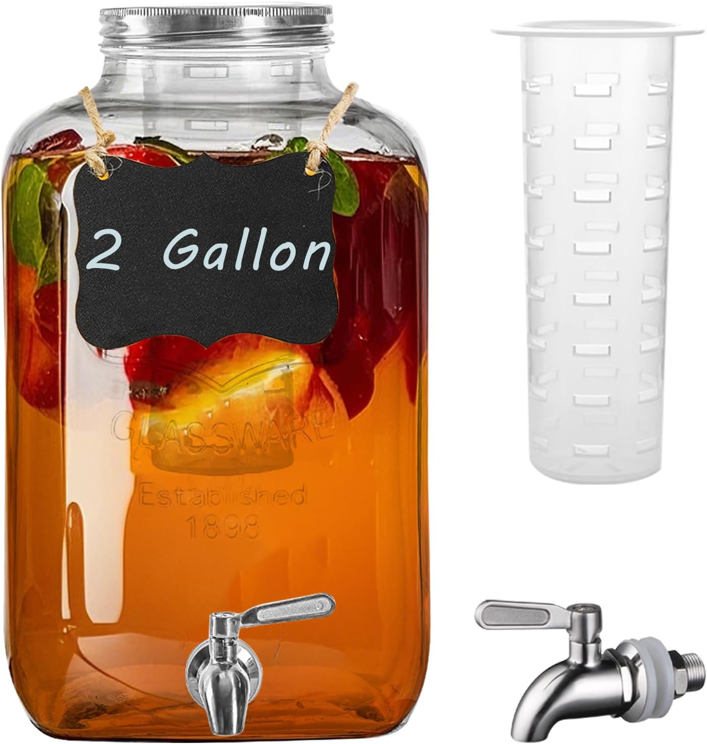 2 Gallon Glass Drink Dispenser with Stainless Steel Spigot,1 Pack Glass Beverage Dispenser Water Lemonade Dispensers for Parties