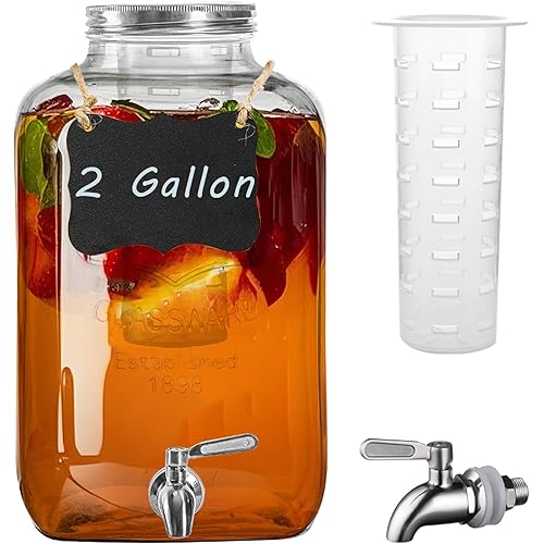 2 Gallon Glass Drink Dispenser with Stainless Steel Spigot,1 Pack Glass Beverage Dispenser Water Lemonade Dispensers for Parties