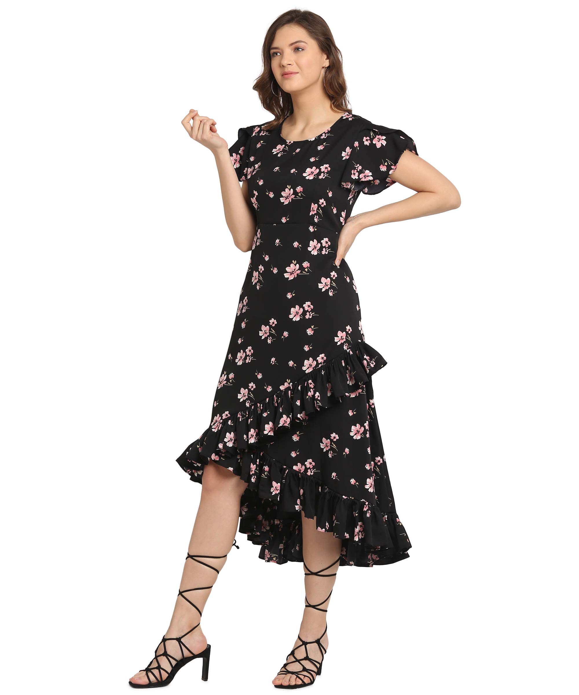 OOMPH! Dress for Women Stylish| Summer Vacation Style |Floral Print Wrap Maxi |Lightweight Flared Maxi Dress for Casual & Holiday Wear Jet Black 1