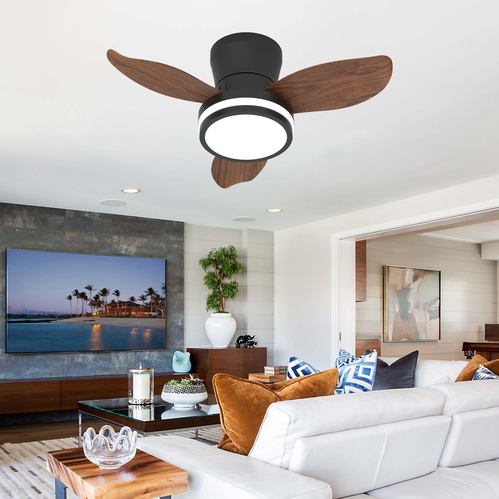 HXYSXHJUO 65CM Smart Ceiling Fan with Light, APP Remote Control, Dimmable LED, 6 Speeds & Timer, Quiet DC Motor, Reversible for Bedroom Living Room Modern Design-Brown Wood Grain