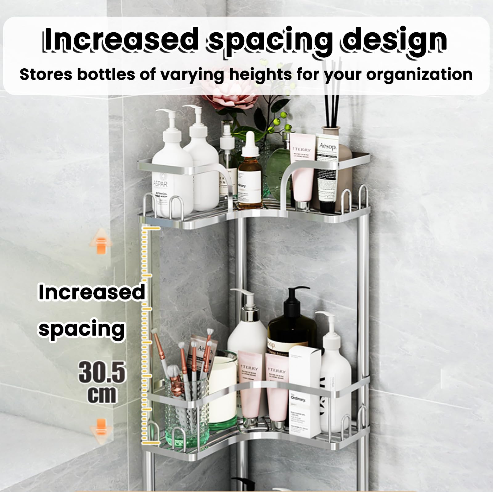 Mensola Doccia Angolare Senza Forare, Porta Shampoo Sapone Doccia Da Terra | Porta Bagnoschiuma Da Doccia Antiruggine Con Ganci Piedini Regolabili,Argento Grande Capacità Scaffale Bagno Per Bagno Cucina