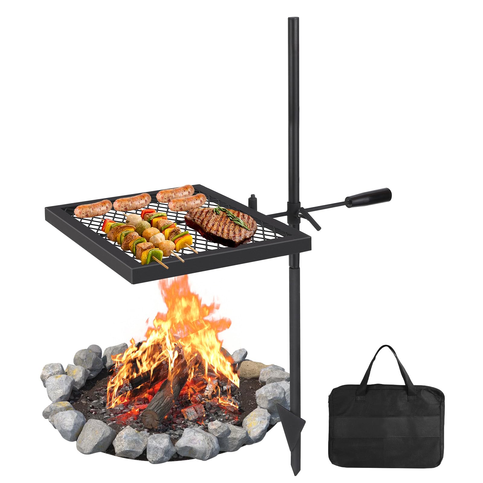Swivel Campfire Grill, 40 x 40cm Stainless Steel Grate, Open Fire Grate Pit, Over Fire Camp Grill with Carrying Bag for Outdoor Camping Barbecue