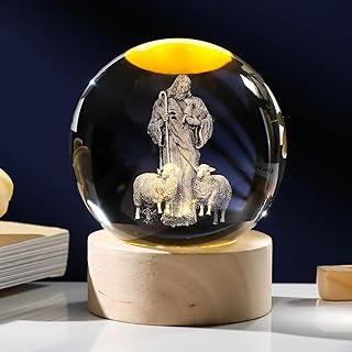 3D Crystal Jesus Figurine Statue Night Light, Laser Engraved Crystal Christian Catholic Religious Easter Gift with Wooden Base
