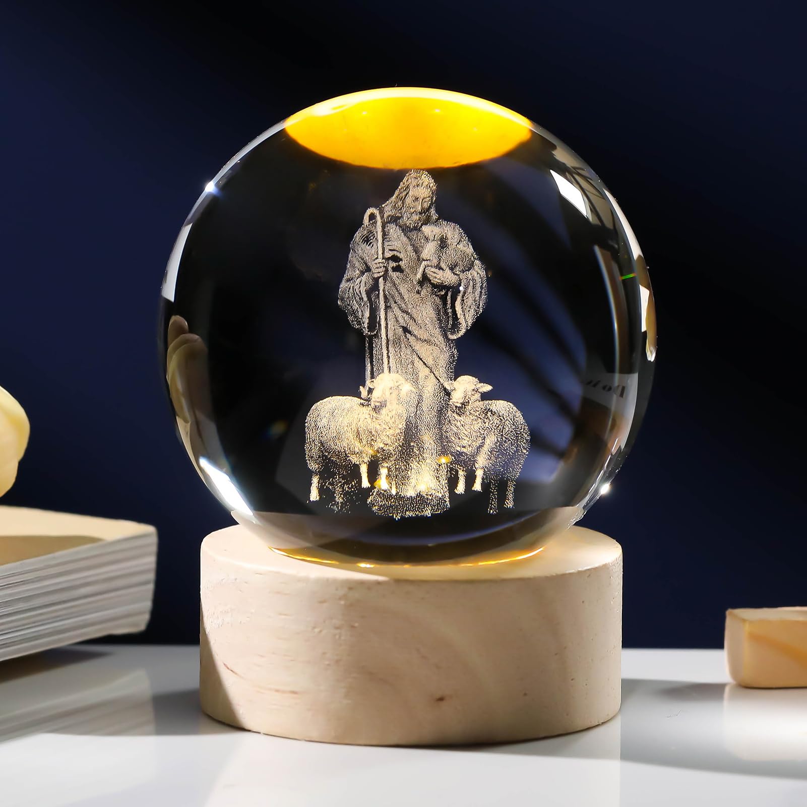 3D Crystal Jesus Figurine Statue Night Light, Laser Engraved Crystal Christian Catholic Religious Easter Gift with Wooden Base
