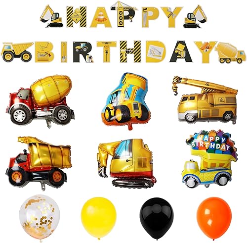 Miniatura 2 de ZERODECO Decoraciones de fiesta de cumpleaños de construcción, pancarta de feliz cumpleaños y vehículos de construcción, globos de aluminio para