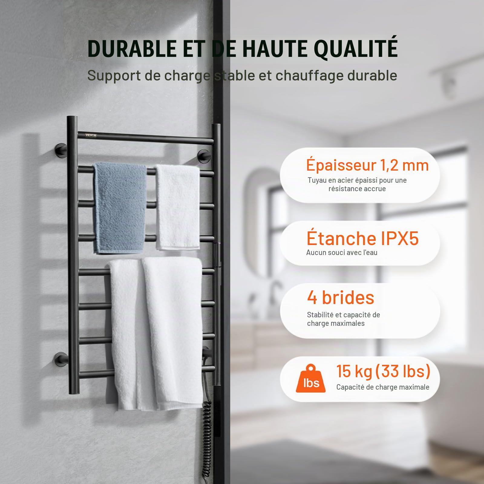 VEVOR Radiateur Sèche-Serviettes Électrique 8 Barres, Porte-Serviettes Chauffant Mural, Chauffe-Serviettes à Température Réglable, Étanche IPX5, avec Minuterie et Écran LED, Salle de Bain, Noir
