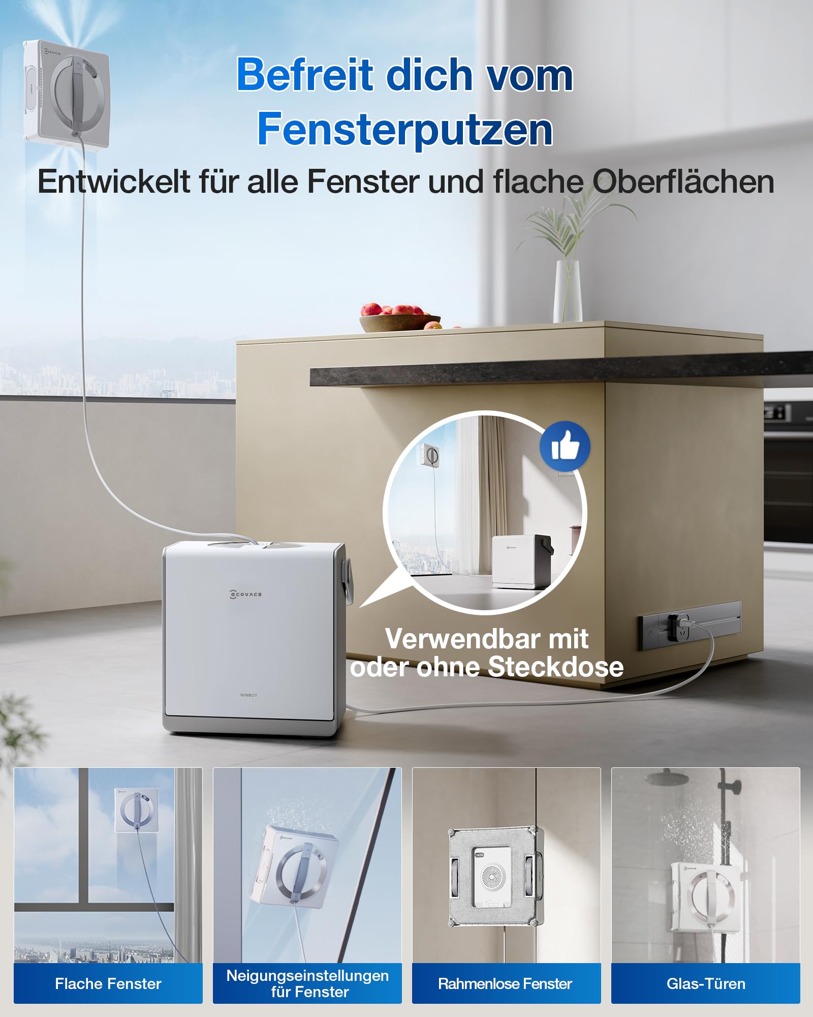 ECOVACS WINBOT ‎W2 PRO Omni Fensterputzroboter mit 6-in-1 Multifunktionsstation, Aufladen im Betrieb, 3-Düsen-Sprühkopf, 12-Stufen-Schutz, Win-SLAM 4.0 Pfadplanung, Weiß