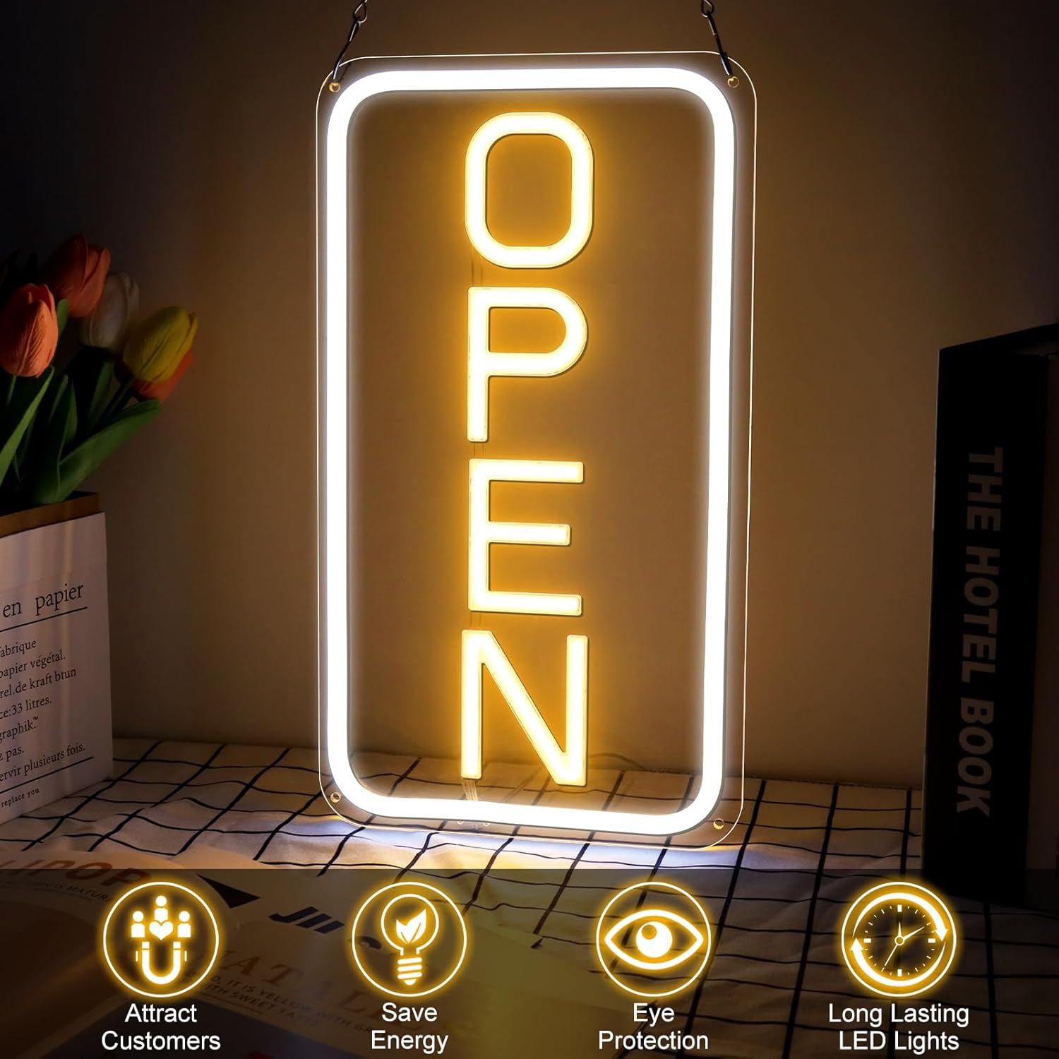 Open Signs for Business, 16''×9'' Bright High Visibility Open Sign LED Powered by USB with ON/OFF Switch, Adjustable Brightness COB Open Signs for Bar Shop Coffee Salon Hotel Wall Window Storefront (Vertical) - Image 6