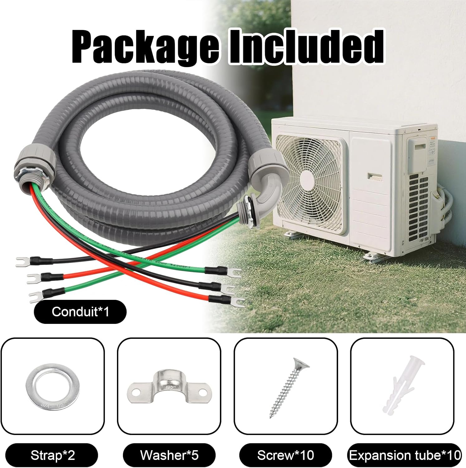 1/2 Inch AC Whip Assembly Kit 8 FT with Terminal, Non-Metallic Liquid Tight Electrical Conduit with 10/3 Gauge THHN Wire for Heater, Air Conditioner, Timer, Mini Split System