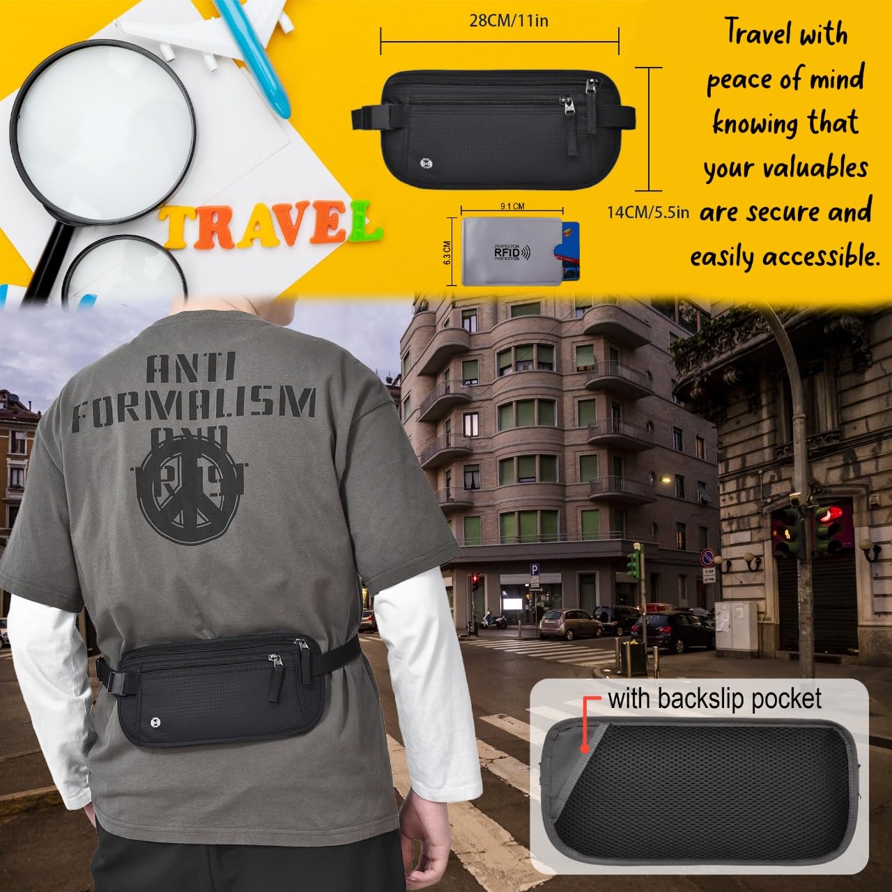 RFID Blocking Travel Money Belt with Sleeves, Hidden Waist Fanny Pack for Men and Women Anti-Theft Bum Bag for Passport Cash - Image 3