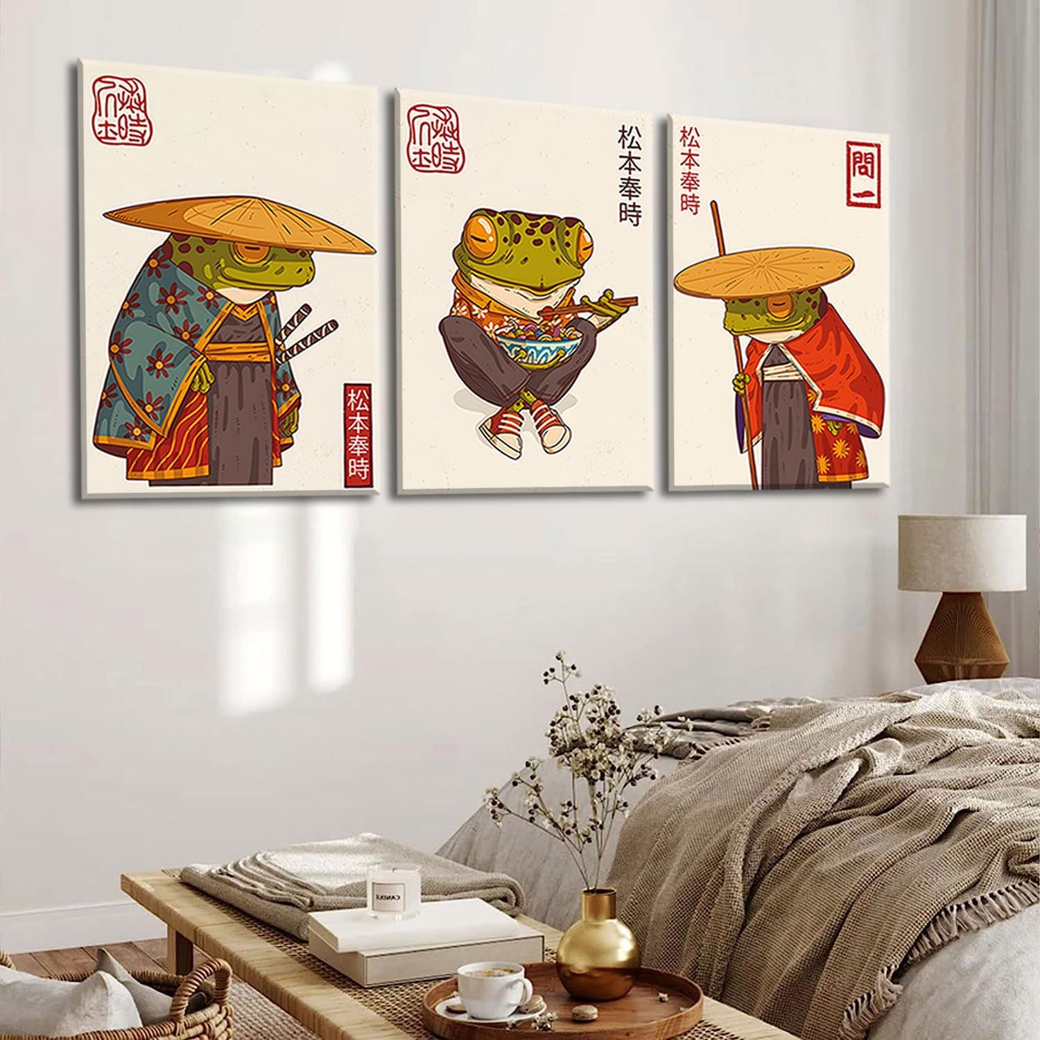 3Pcs Vintage Japanese Frog Wall Art Cute Funny Japan Samurai Frog Posters Prints Japanese Matsumoto Hoji Painting Pictures Eclectic Animal Canvas Wall Decor Framed (green, 12x16 Framed)