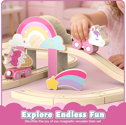 Miniatura 2 de Lehoo Castle Juego de tren de madera - Juego de tren de unicornio para niños pequeños de 2 a 4 años, pista de tren de madera, juguetes de fantasía