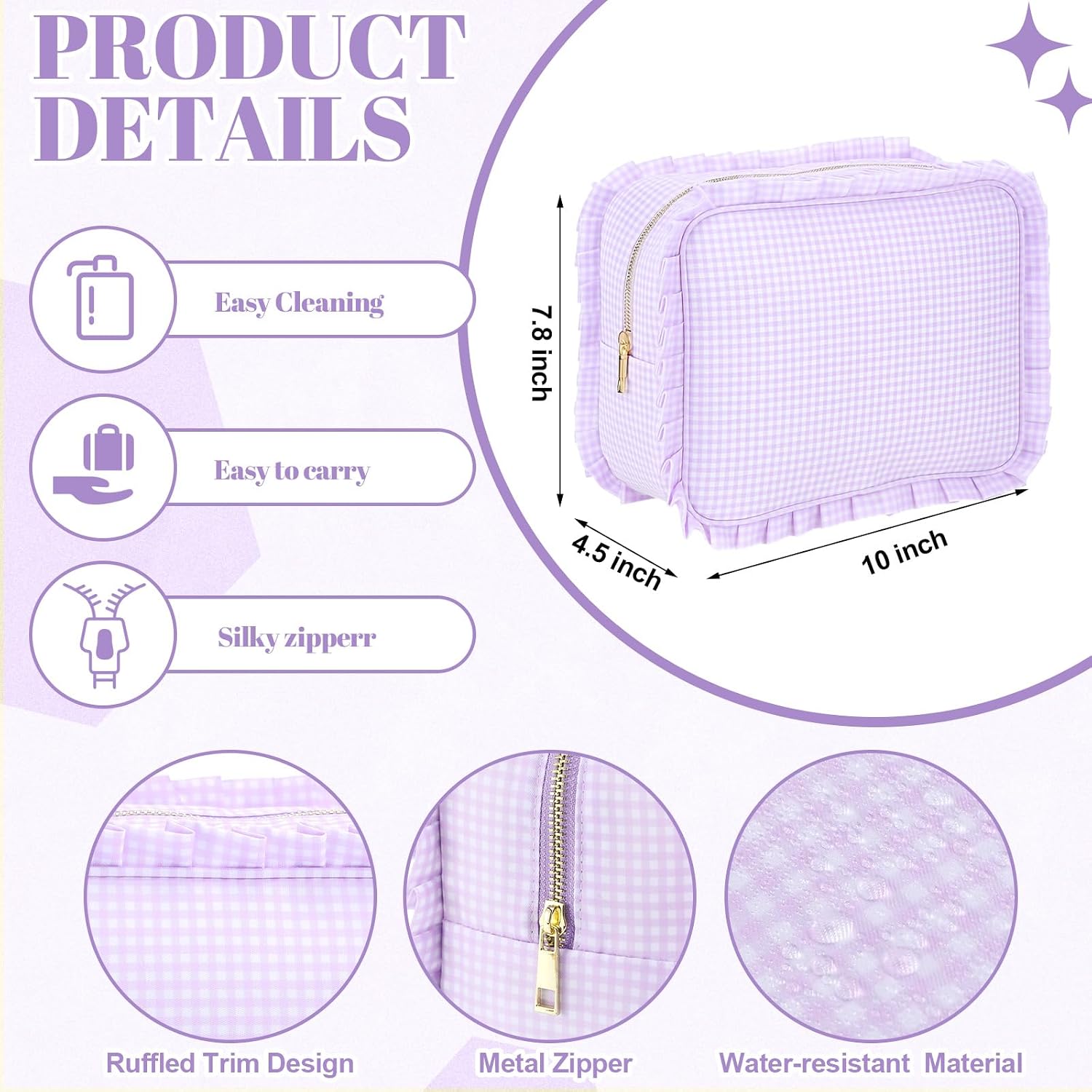 Purple Gingham Ruffle Makeup Bag 10 x 8 x 4.5 Inches Large Ruffle Pouch Travel Cute Checkered Cosmetic Toiletry Bag with Zipper for Women Girls, Toiletry Pouch Make up Organizer Gift