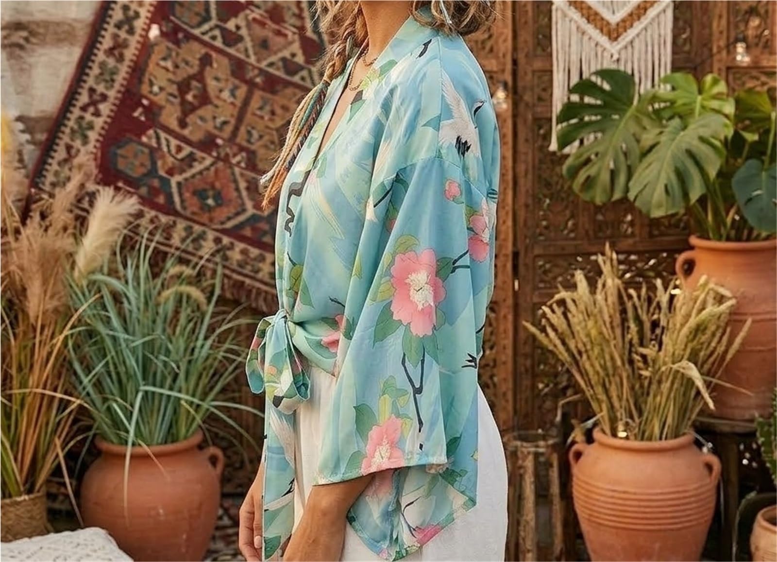 Generisch Damski kostium kąpielowy w stylu vintage, z krótkim kimono, dekolt w serek, rękawy, moda plażowa, S/M/L/XL