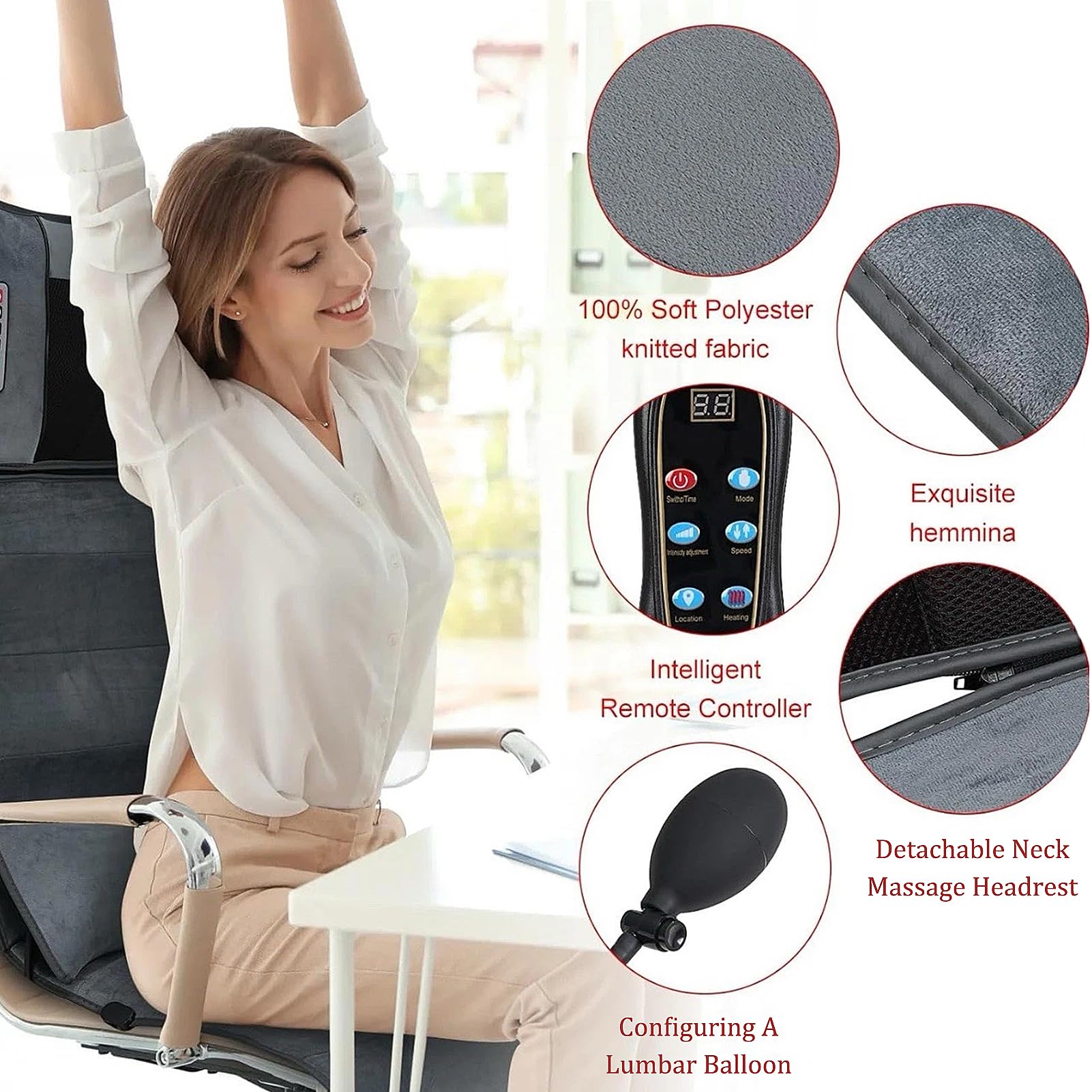 Tapis de Massage Shiatsu Chauffant pour Tout Le Corps avec 20 têtes de Massage Shiatsu pour la Nuque pour soulager Les douleurs du Dos, des lombaires et des Jambes (Gris Pelucheux)