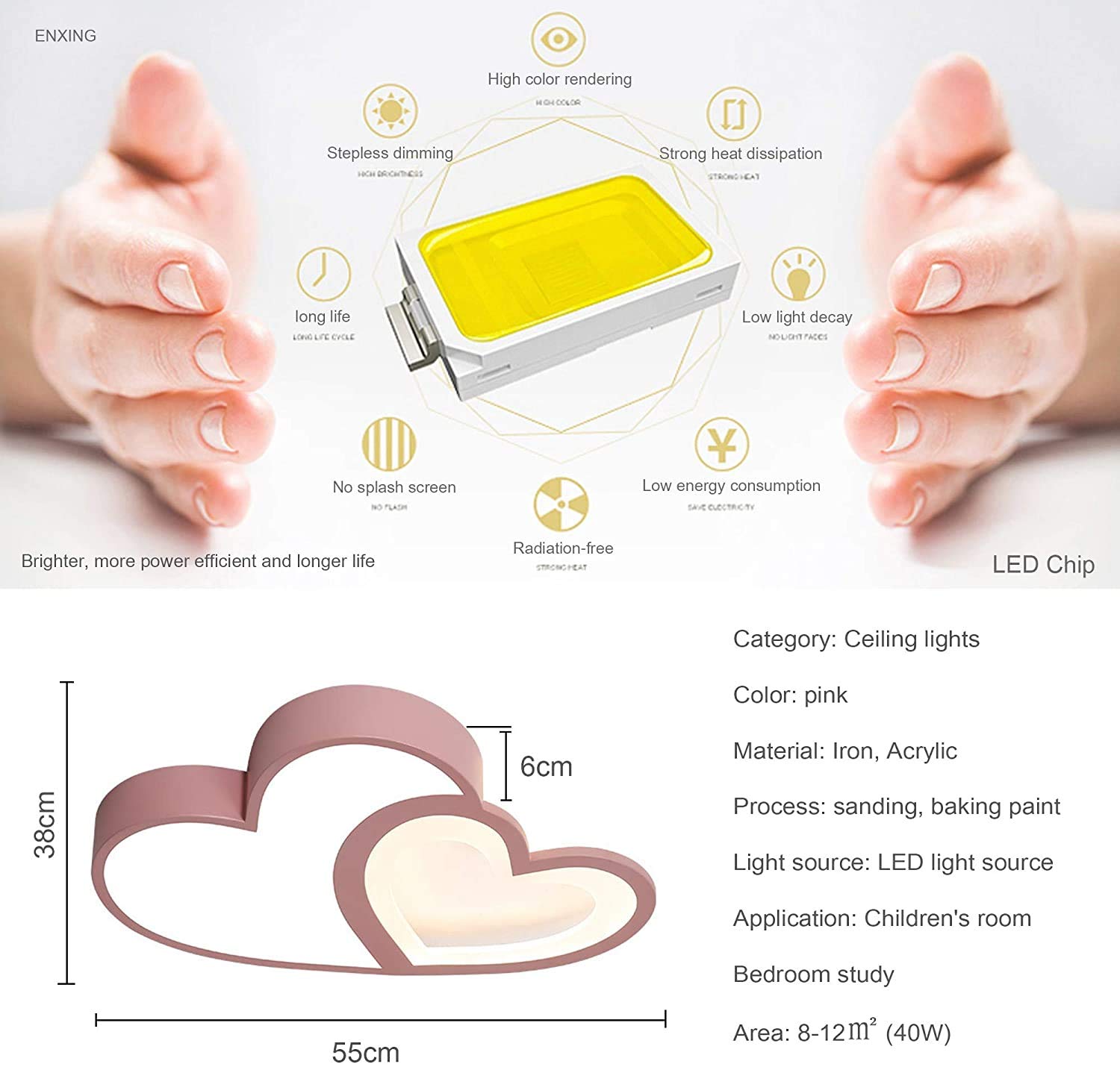 Lampada da soffitto a LED per cameretta dei Bambini, dimmerabile con Telecomando, Design Romantico a Forma di Cuore, Lampada da soffitto in Acrilico, Camera da Letto per Bambini, r