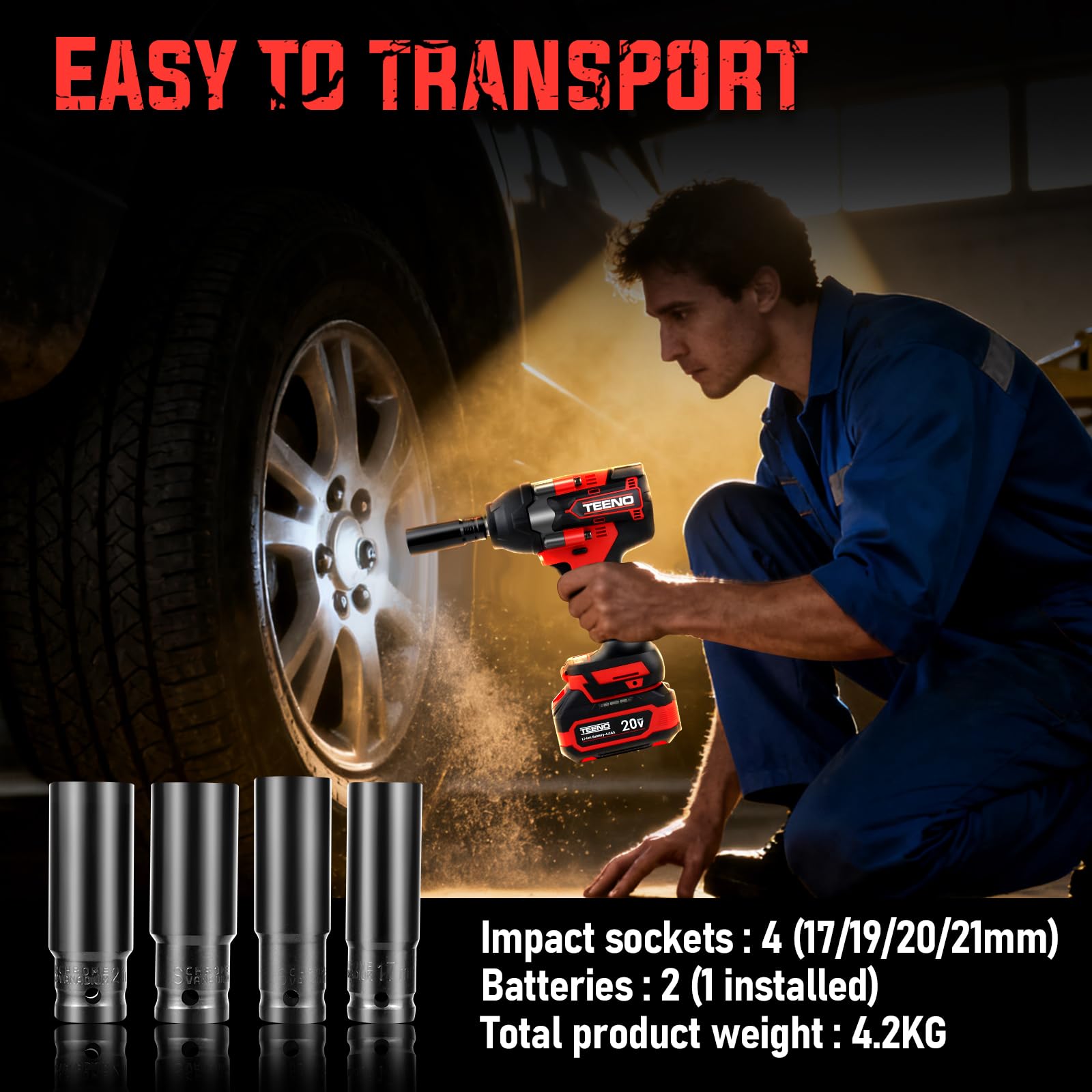 TEENO Avvitatore a Impulsi 700 Nm 1/2", 20V Brushless Avvitatore ad Impulsi con 2 Batterie da 4000mAh,4 Bussole (17/19/20/21mm), Testa Pivotante 180° & 90°,Caricatore Rapido